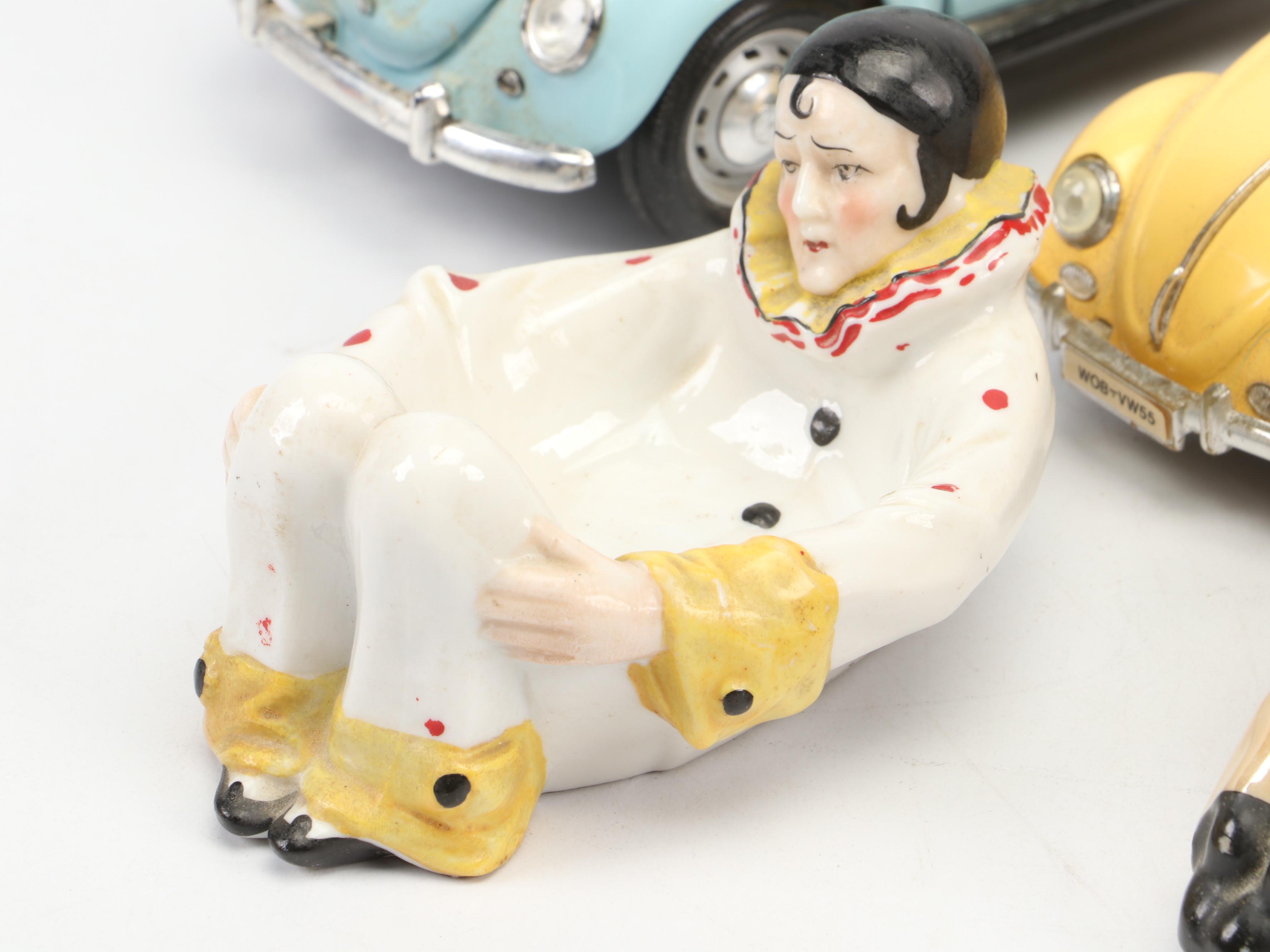 Japanese Ceramic Pierrot Trinket Dishes, VW Beetle Models, and Football Trophy