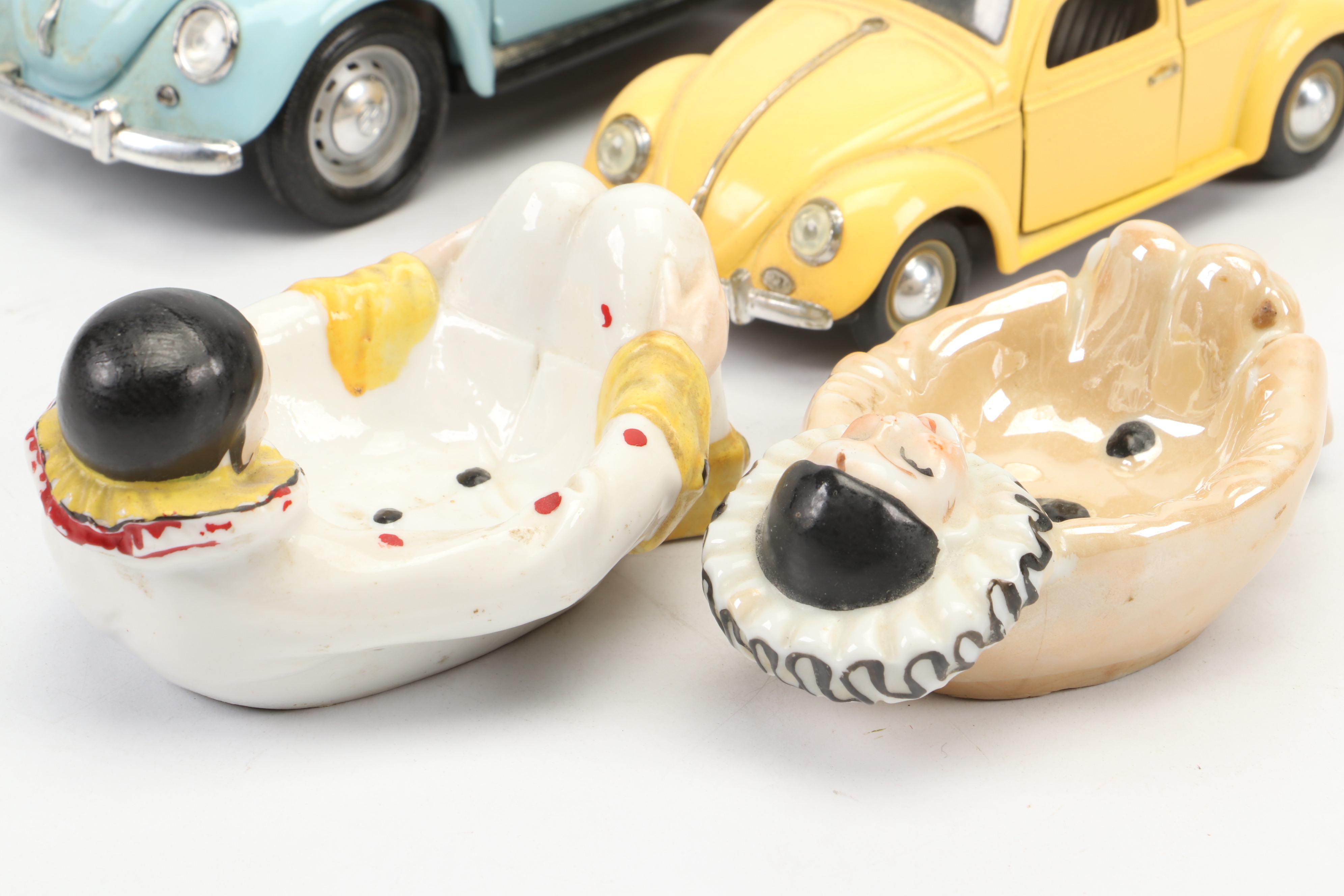 Japanese Ceramic Pierrot Trinket Dishes, VW Beetle Models, and Football Trophy