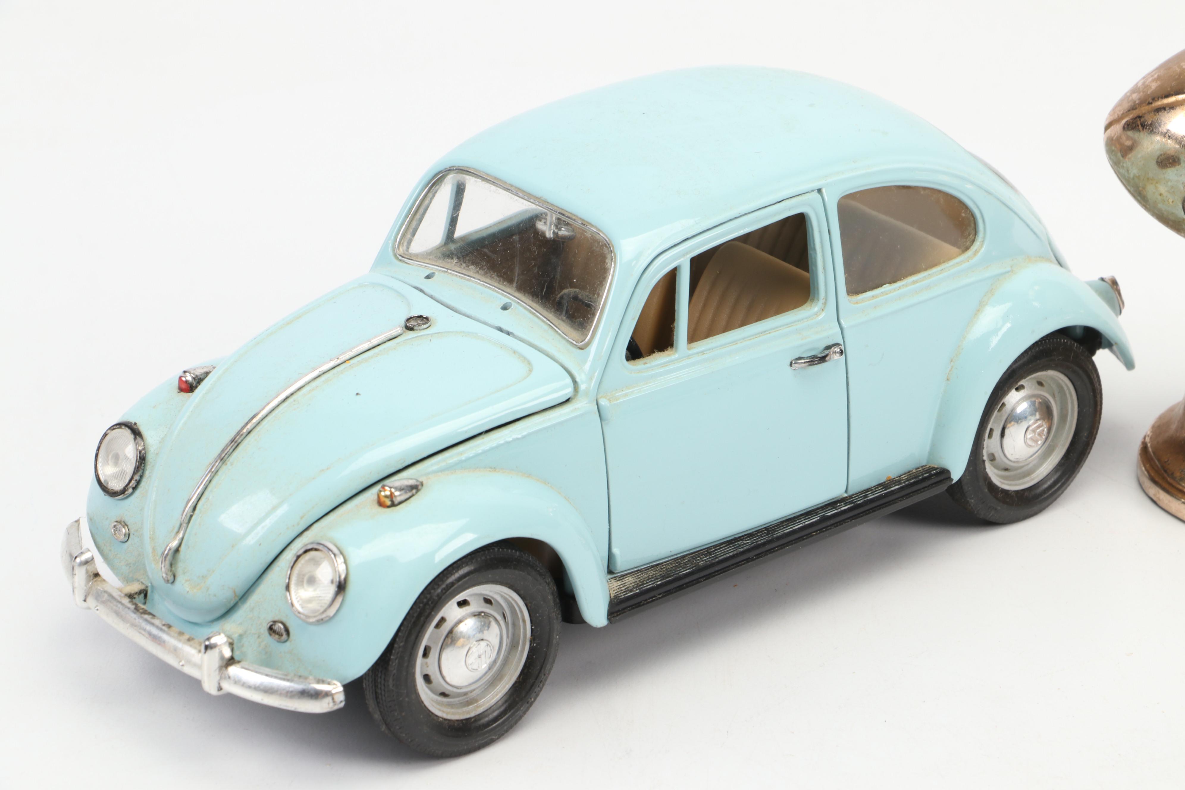 Japanese Ceramic Pierrot Trinket Dishes, VW Beetle Models, and Football Trophy