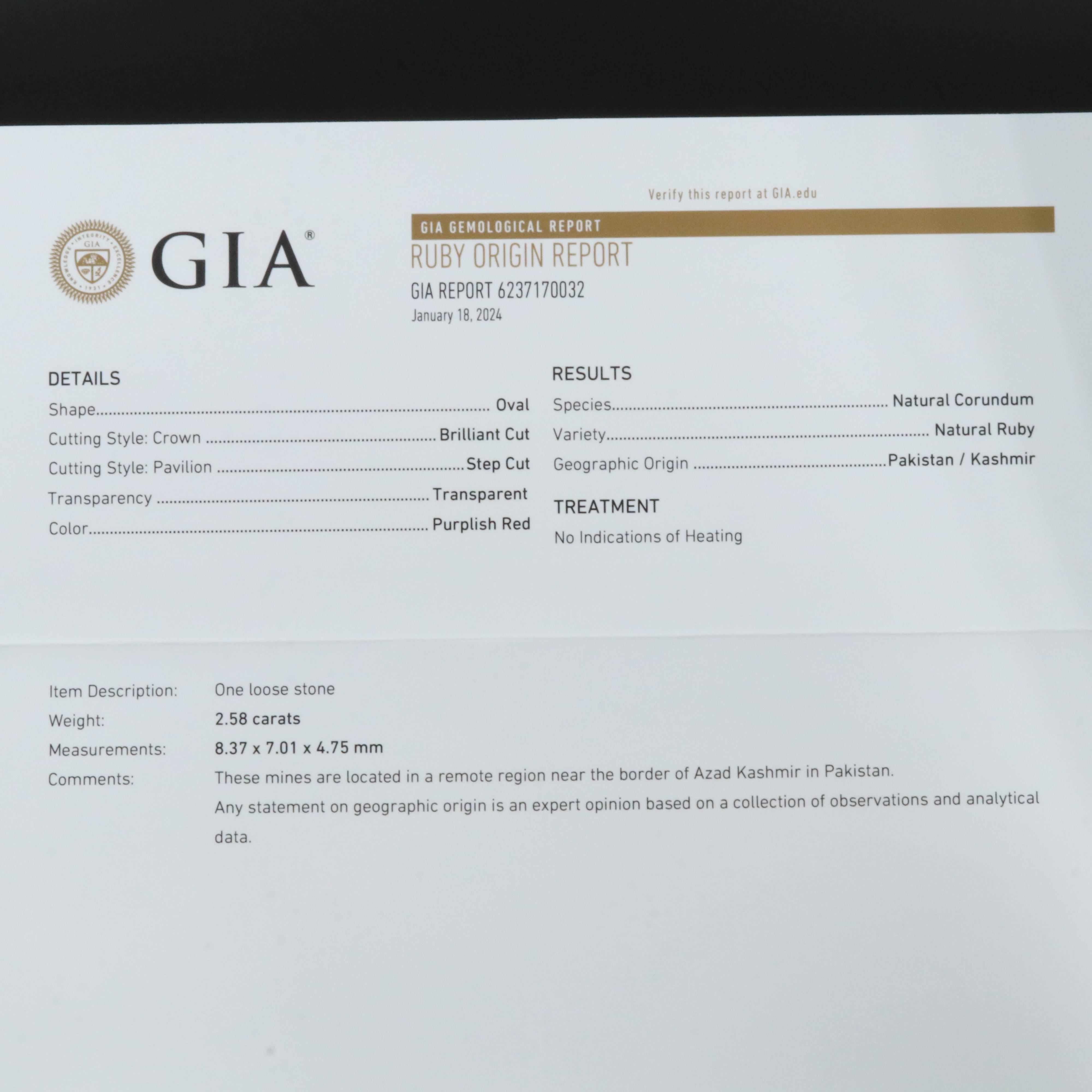 Loose 2.58 CT Kashmir Ruby with a GIA Report