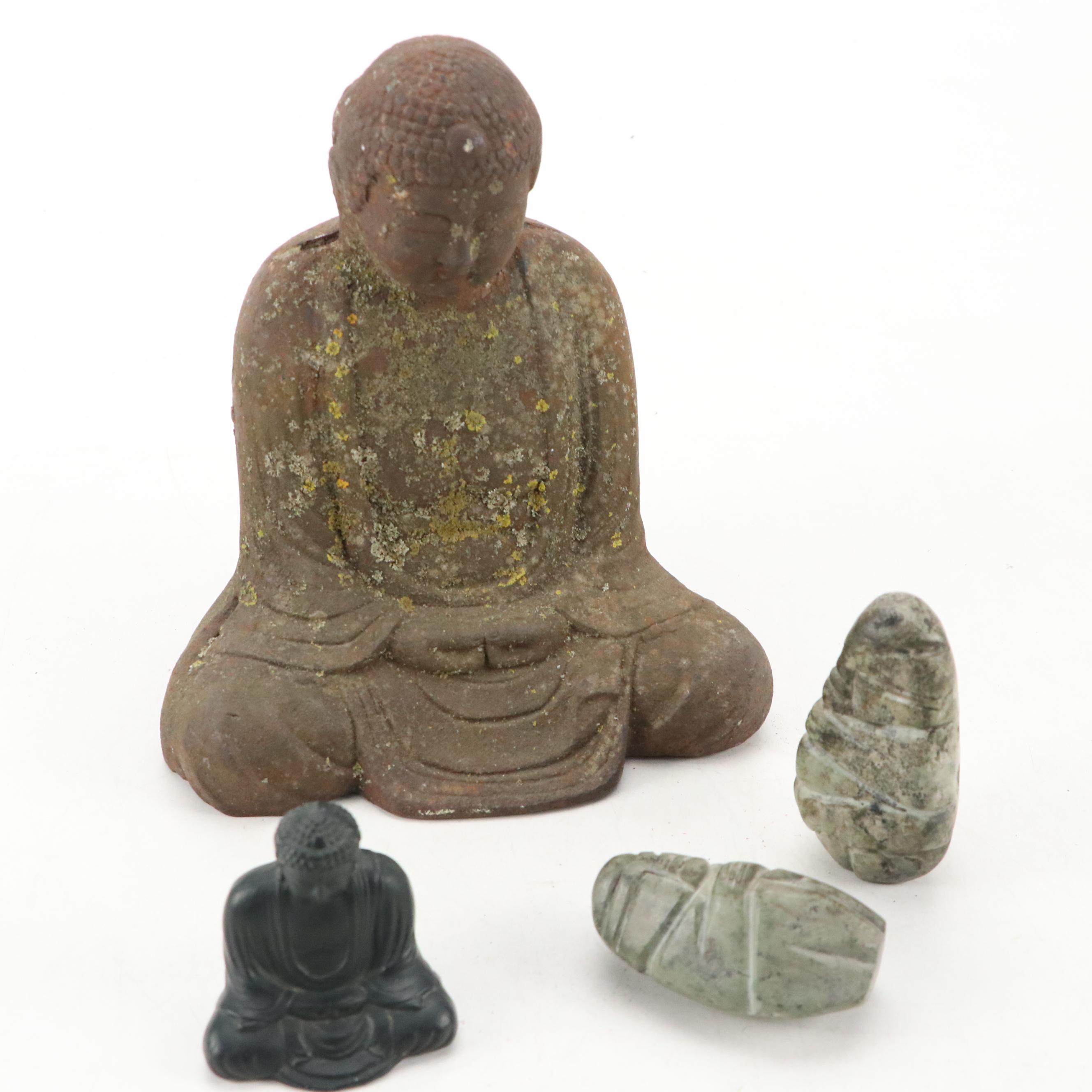 Miniature Bronze Replica of Kamakura Buddha with More Religious Figurines