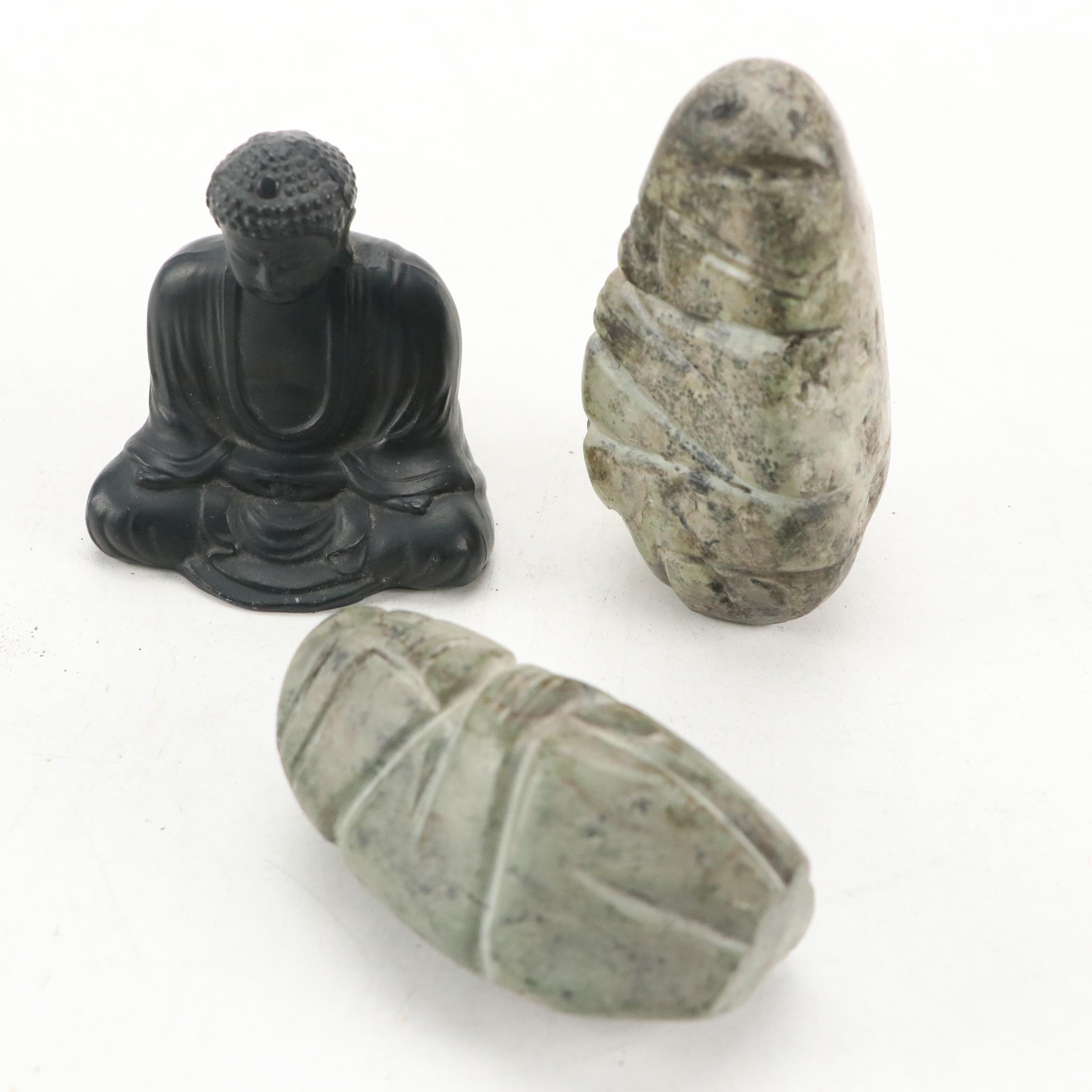 Miniature Bronze Replica of Kamakura Buddha with More Religious Figurines