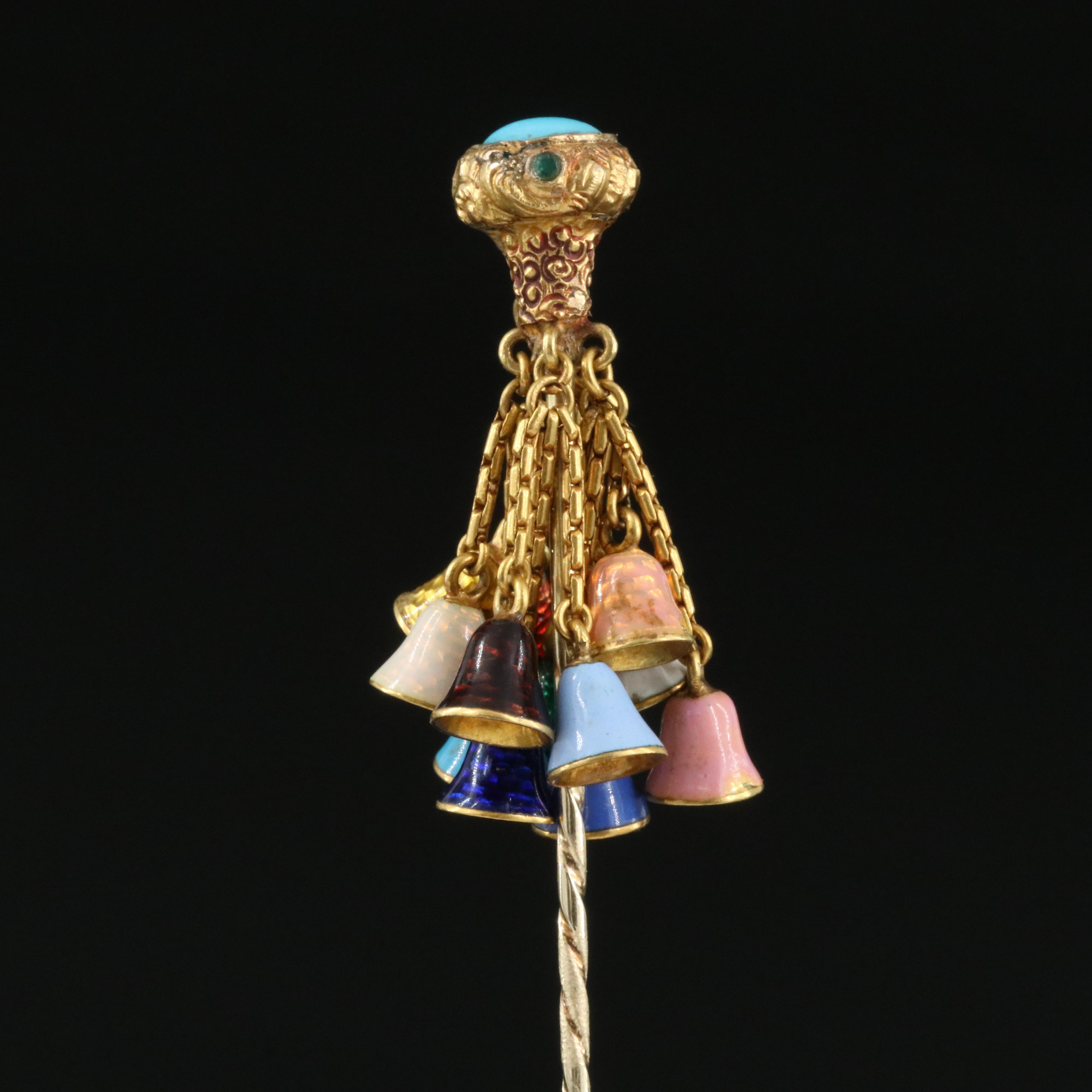 Antique 14K Turquoise, Emerald and Enamel Bell Tassel Stick Pin