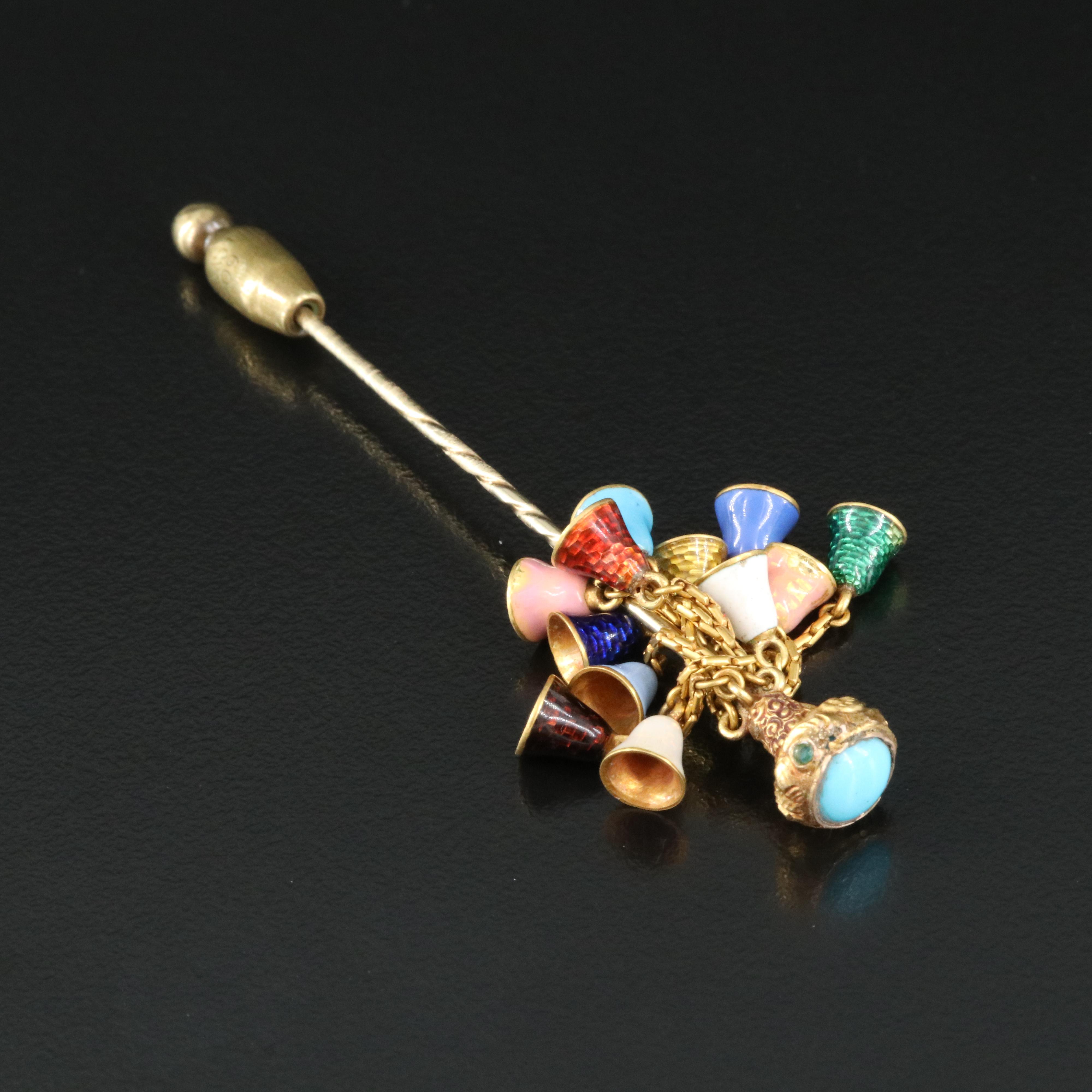 Antique 14K Turquoise, Emerald and Enamel Bell Tassel Stick Pin