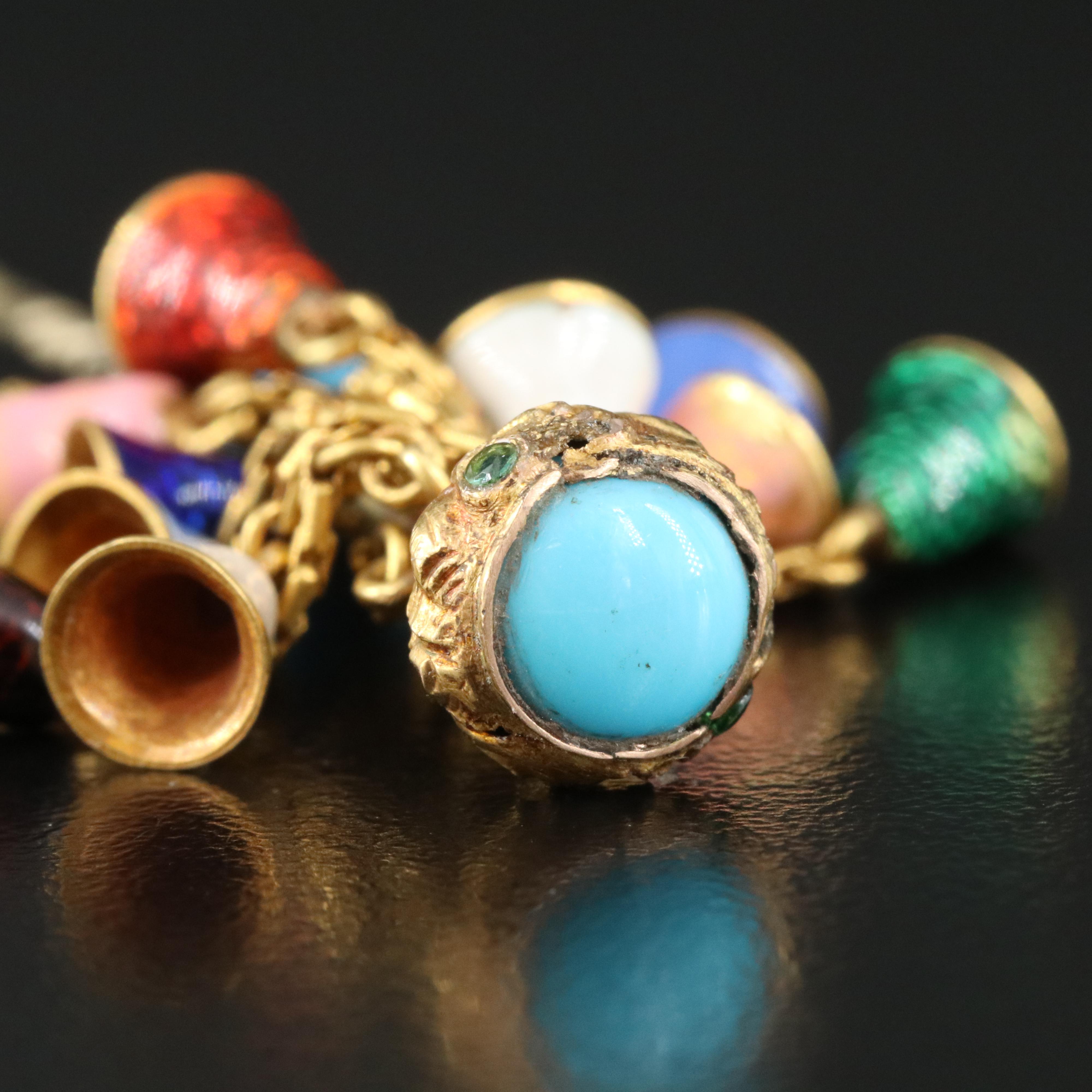 Antique 14K Turquoise, Emerald and Enamel Bell Tassel Stick Pin