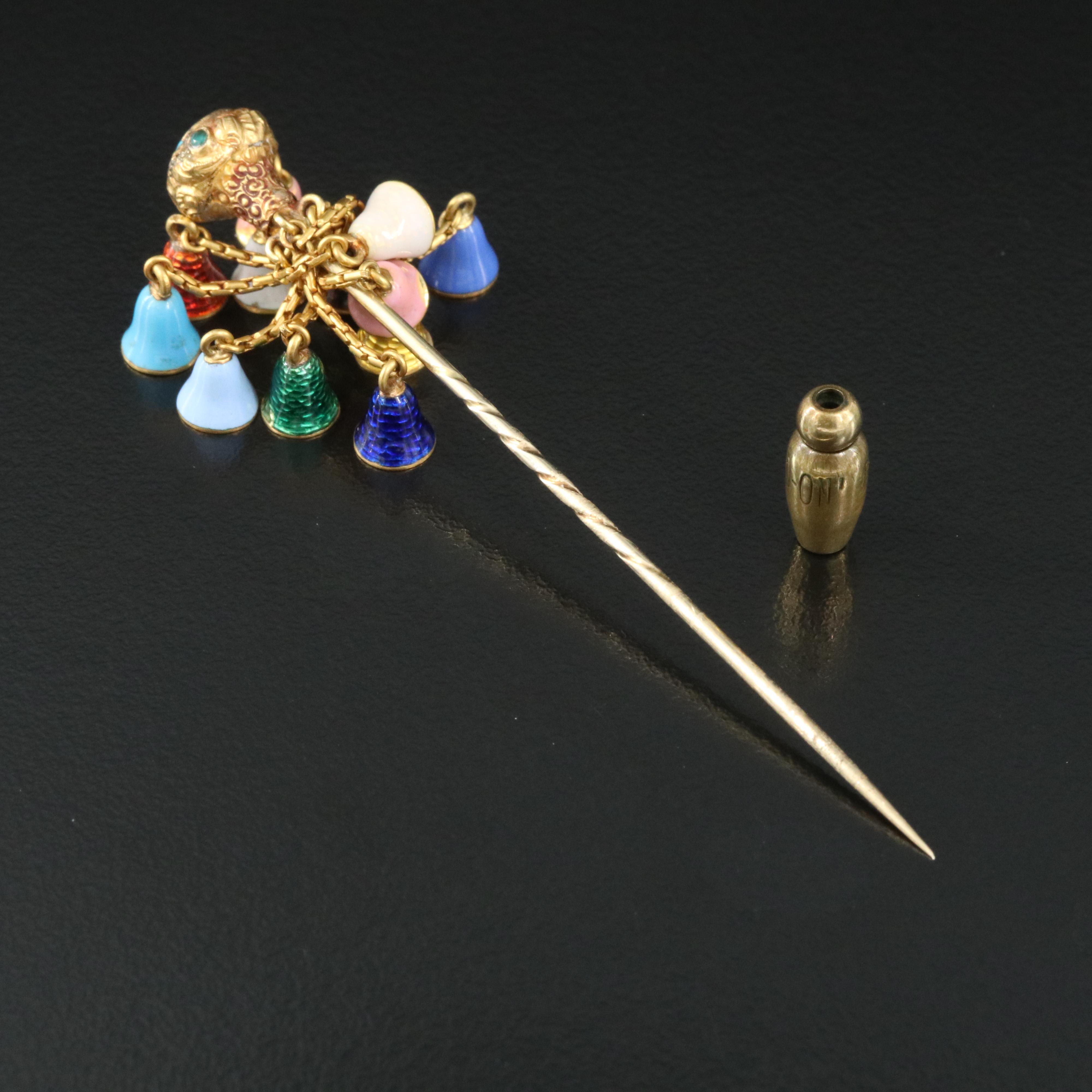 Antique 14K Turquoise, Emerald and Enamel Bell Tassel Stick Pin