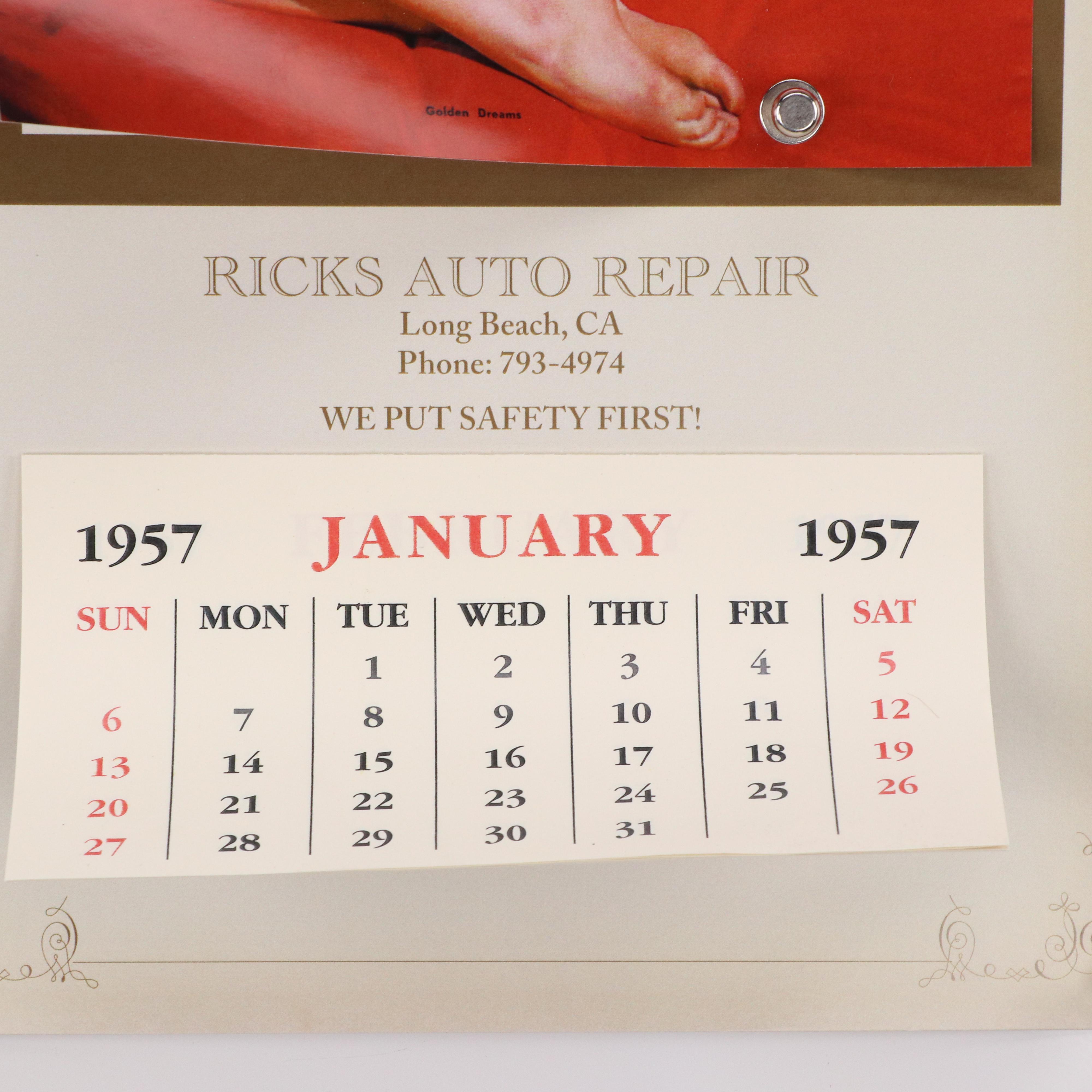 1957 Marilyn Monroe Pin-Up Calendar for Rick's Auto Repair, Long Beach