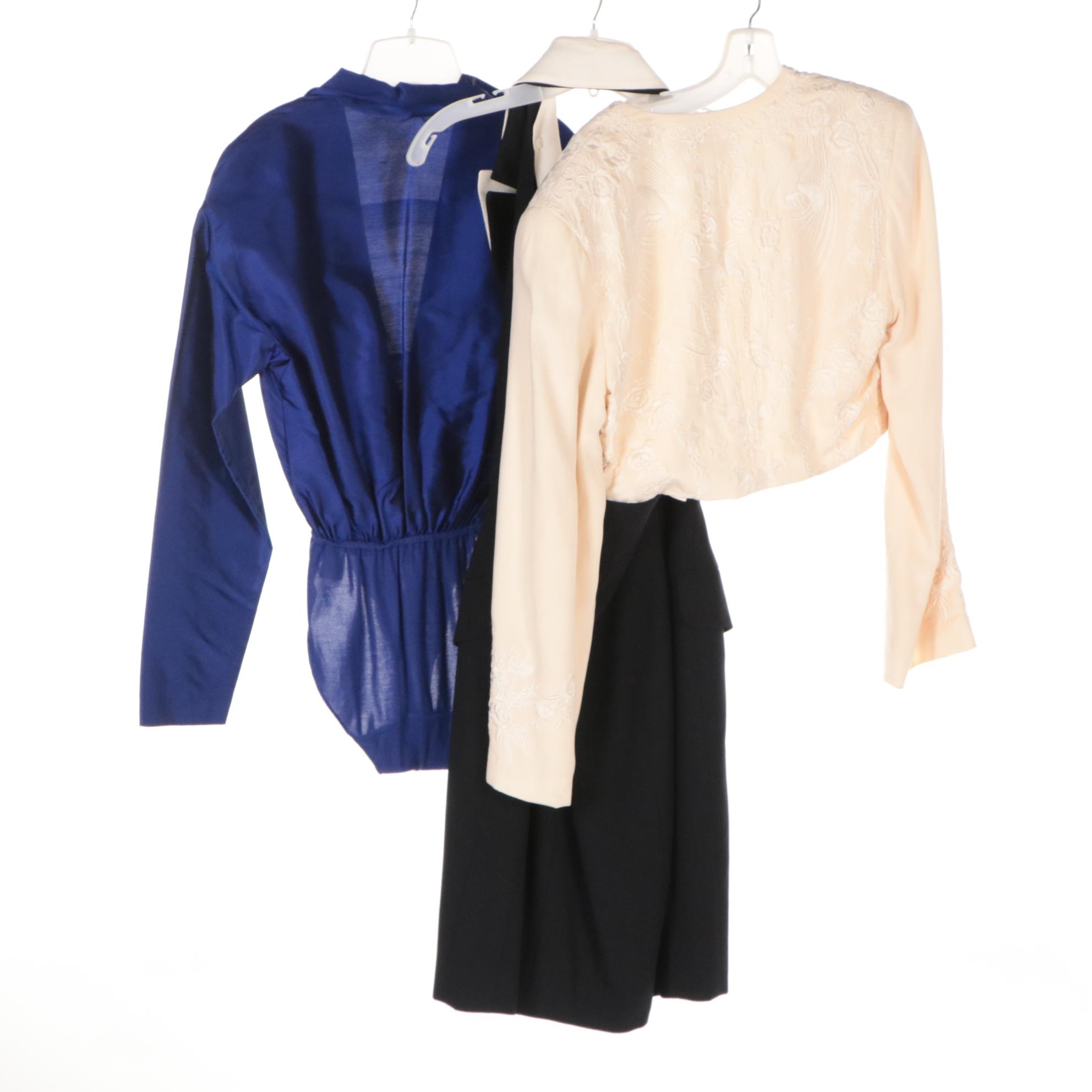 Donna Karan Ivory Embroidered Silk Jacket, Halter Dress and Blue Bodysuit Blouse