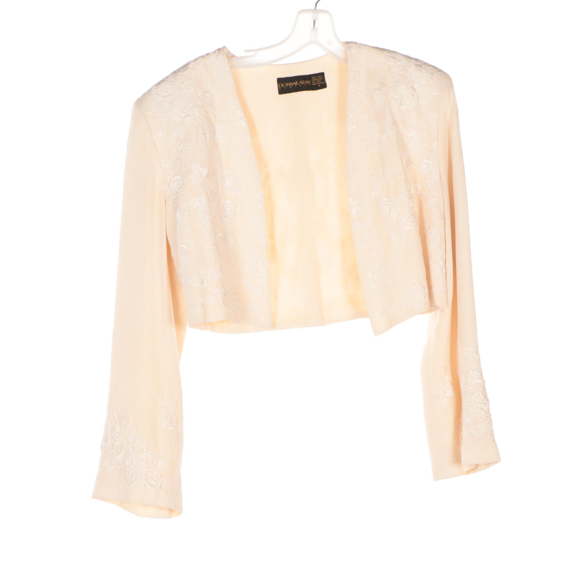Donna Karan Ivory Embroidered Silk Jacket, Halter Dress and Blue Bodysuit Blouse