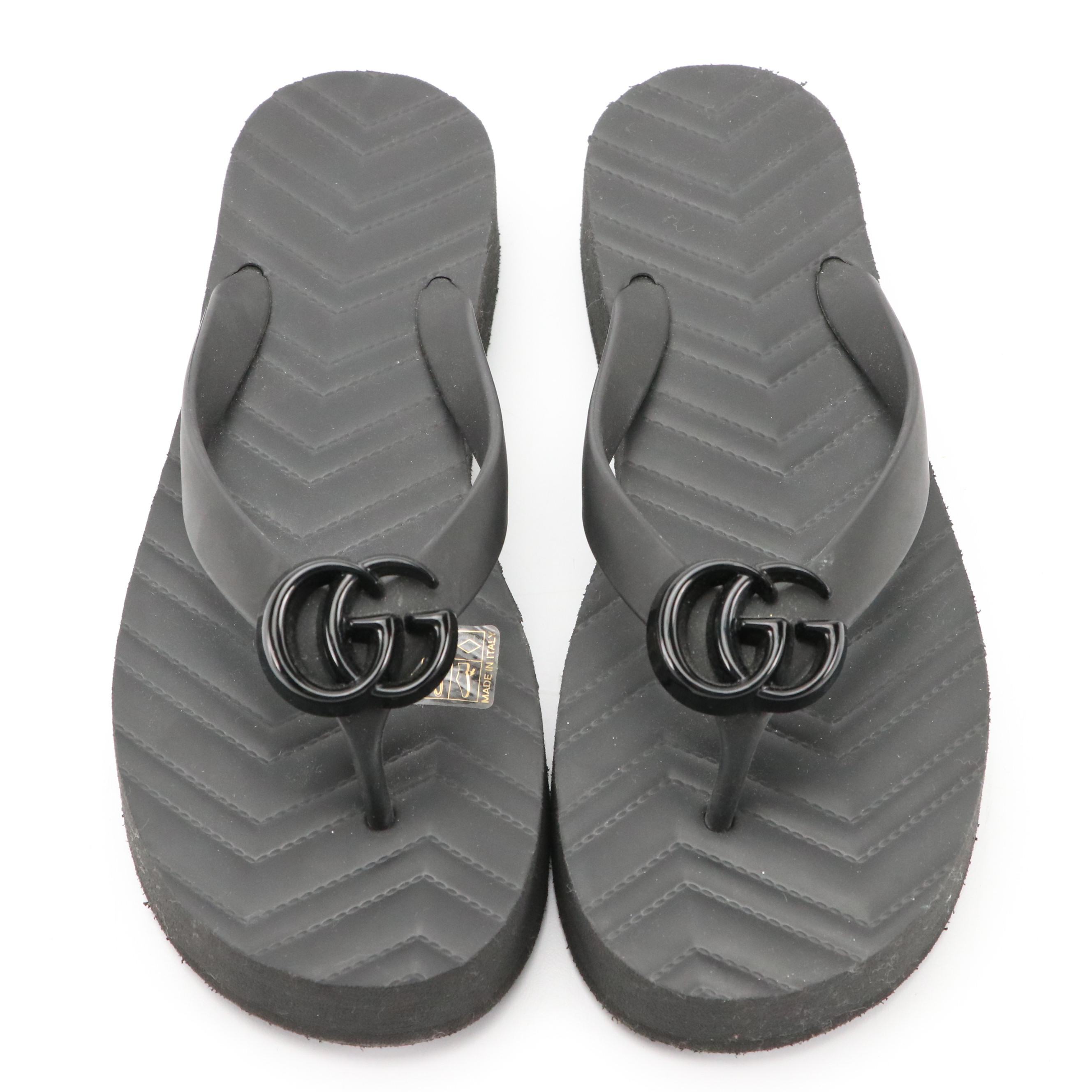 Gucci Black Interlocking GG Chevron Rubber Flip-Flop