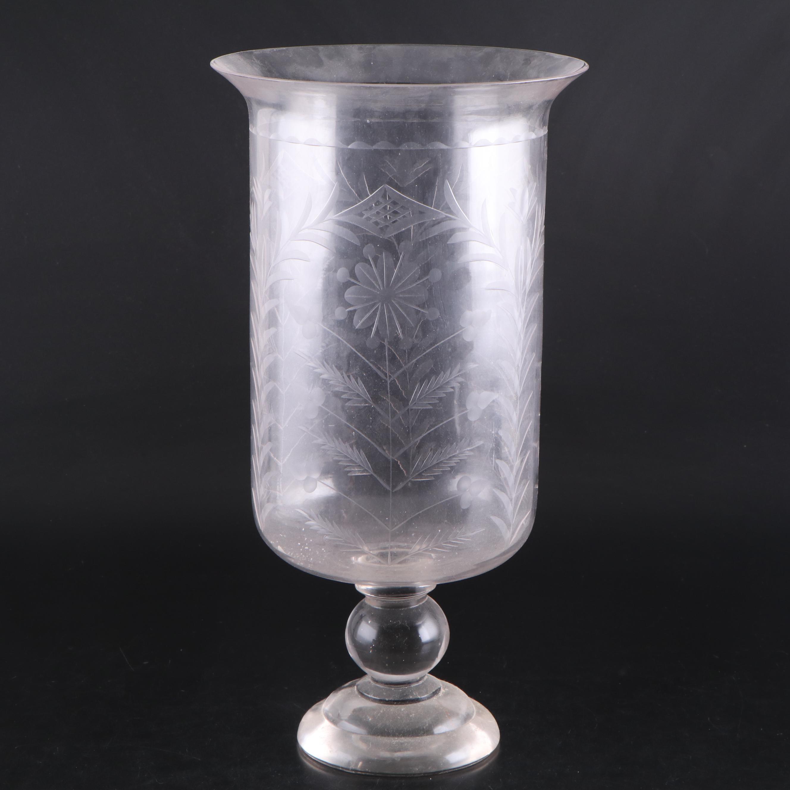 Etched Glass Hurricane Vase, 20th Century