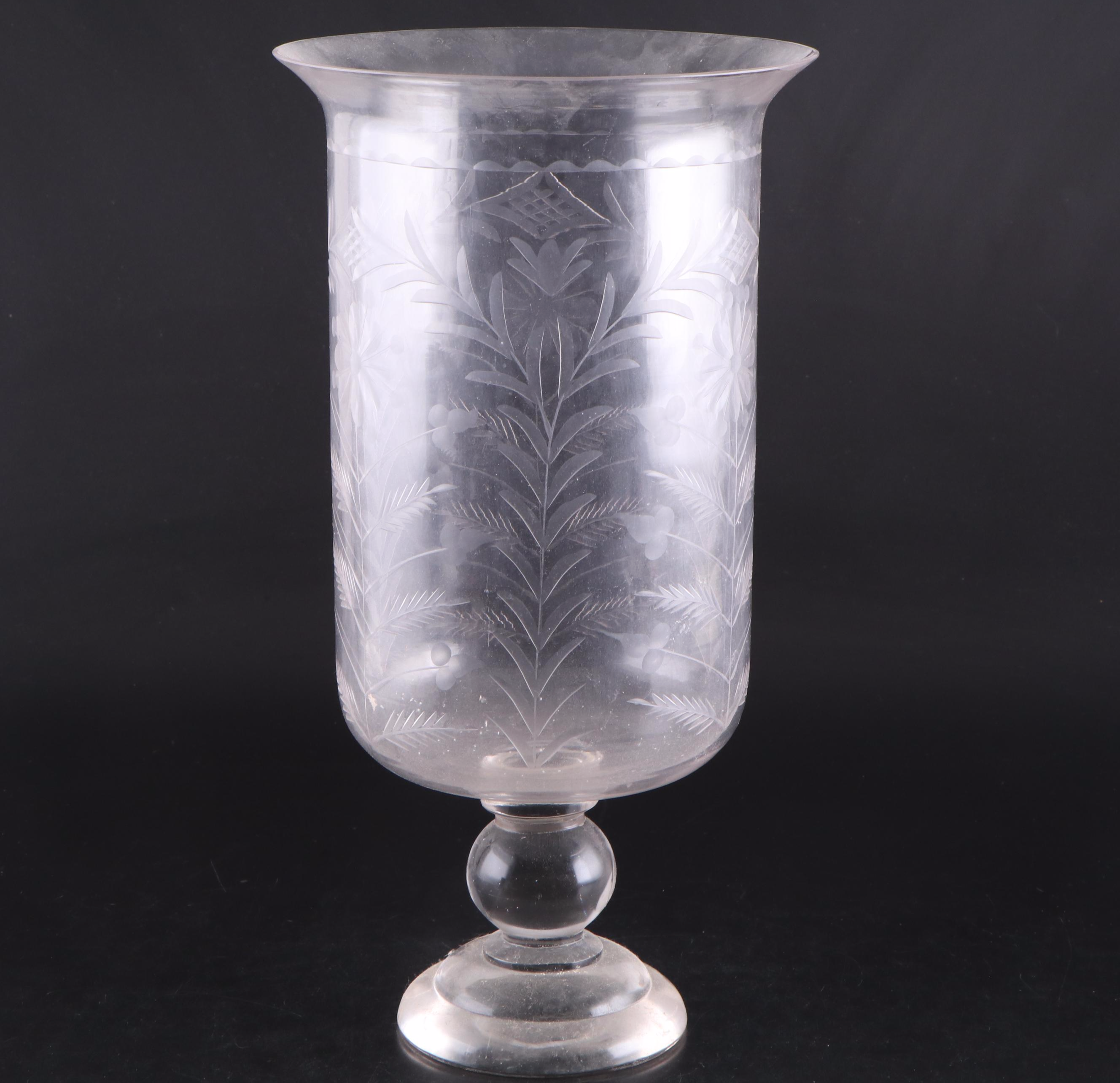 Etched Glass Hurricane Vase, 20th Century