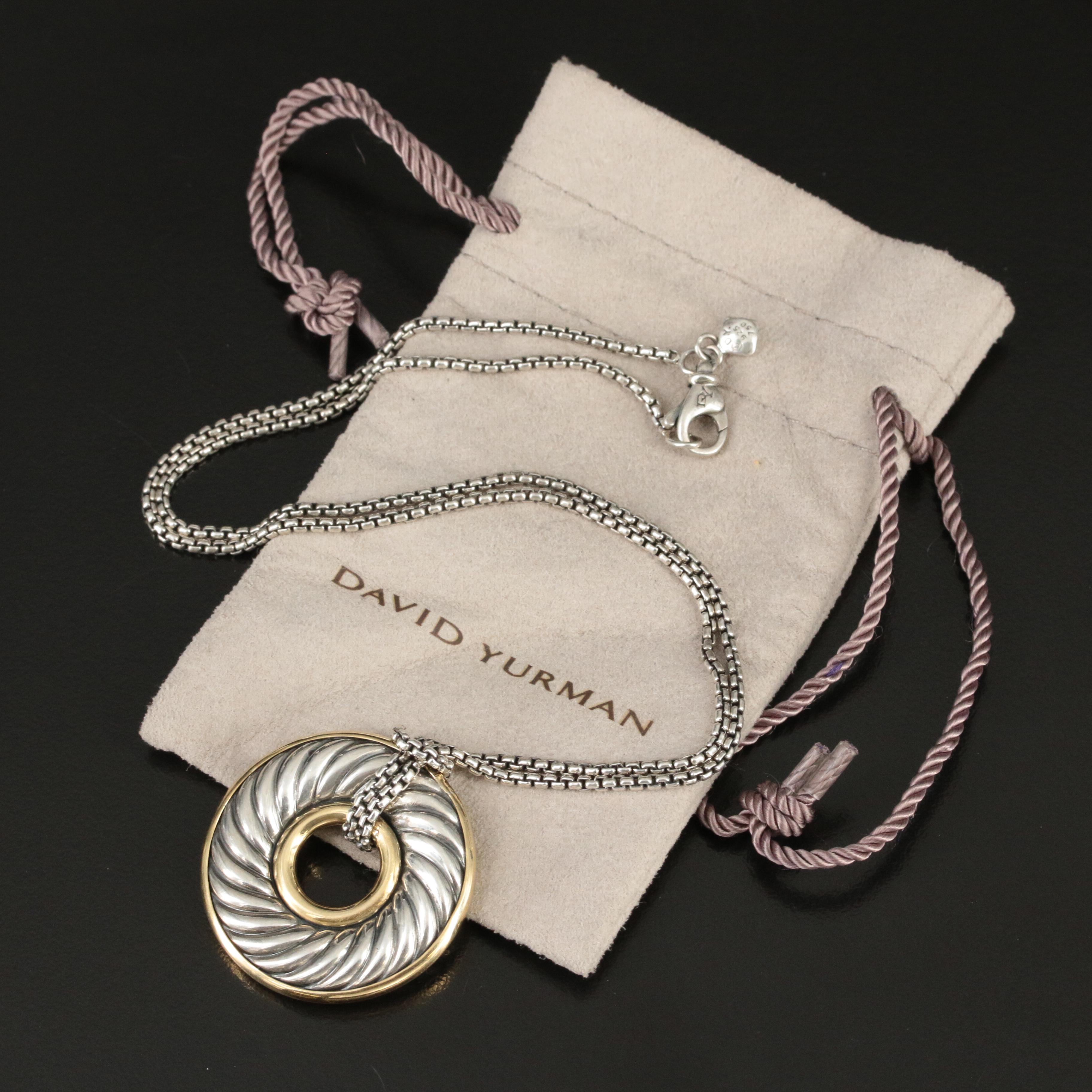 David Yurman Sterling and 18K Cable Circle Donut Necklace