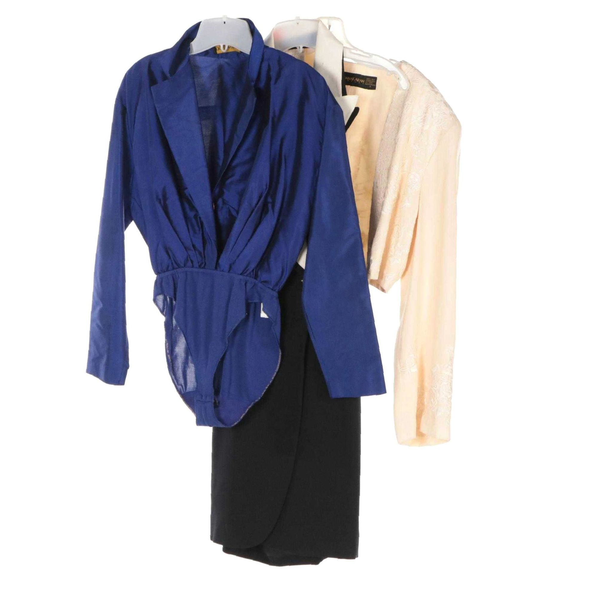 Donna Karan Ivory Embroidered Silk Jacket, Halter Dress and Blue Bodysuit Blouse