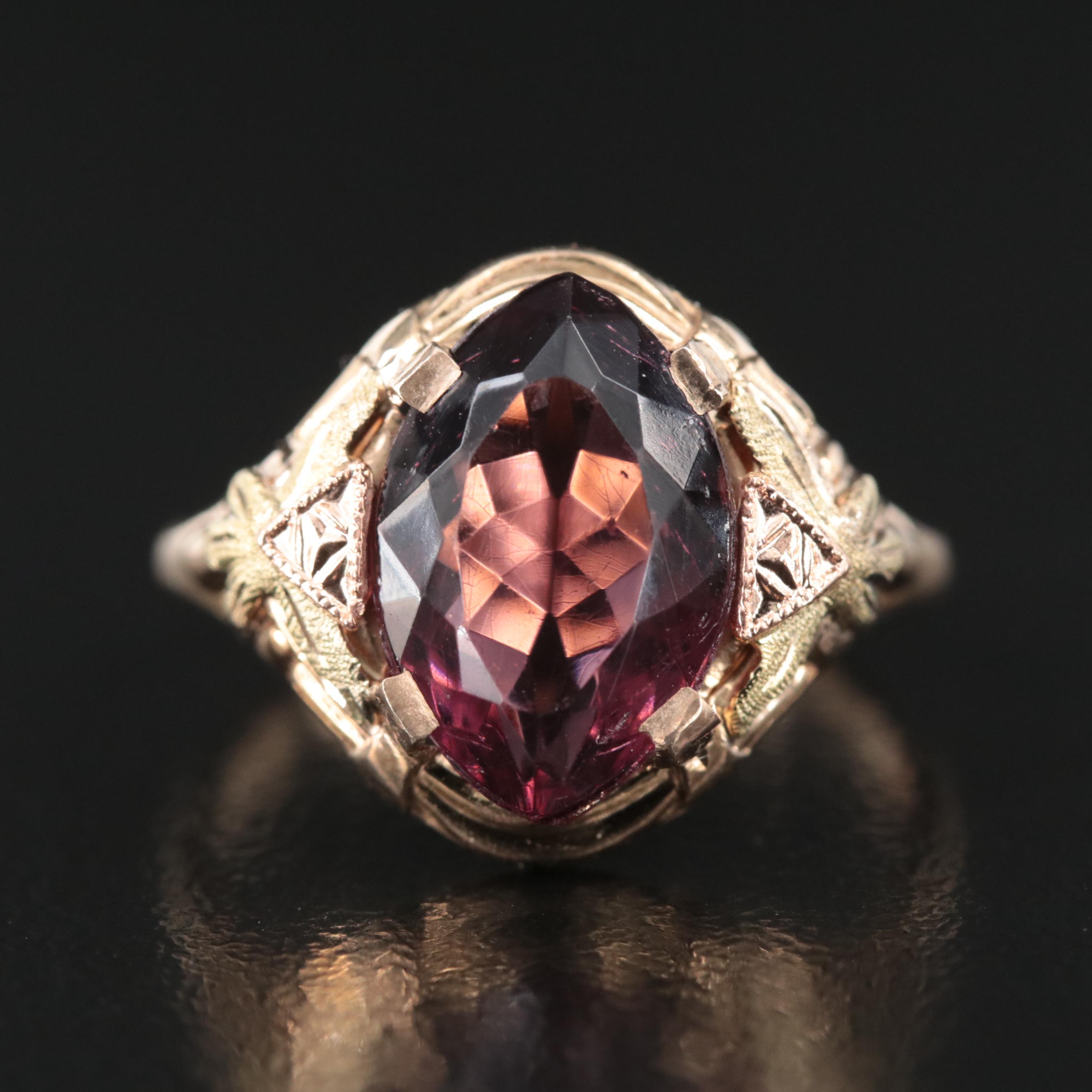 Vintage 10K Glass Ring with Rose and Green Gold Accents