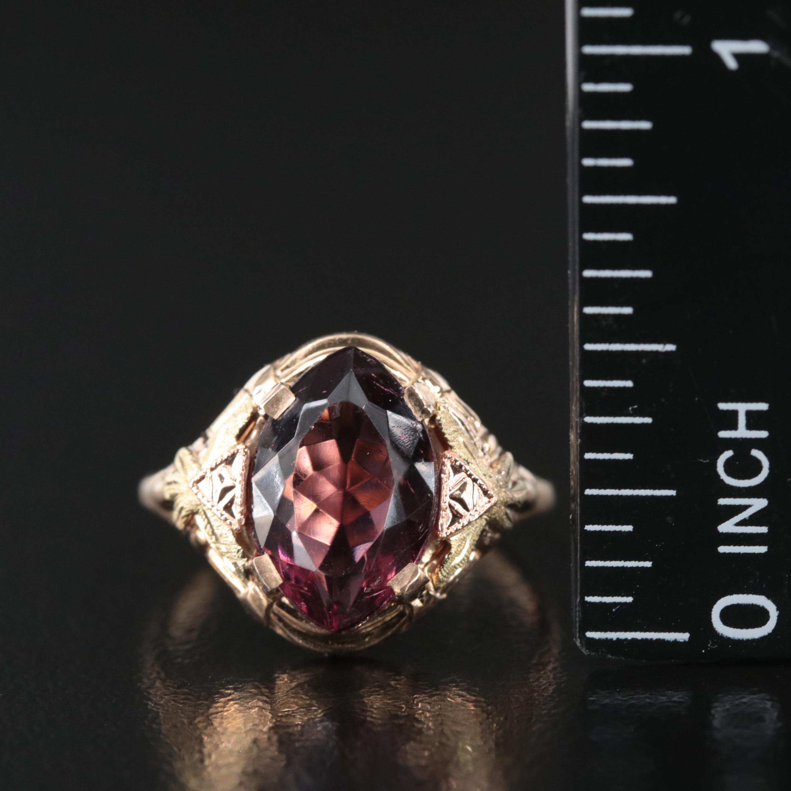 Vintage 10K Glass Ring with Rose and Green Gold Accents