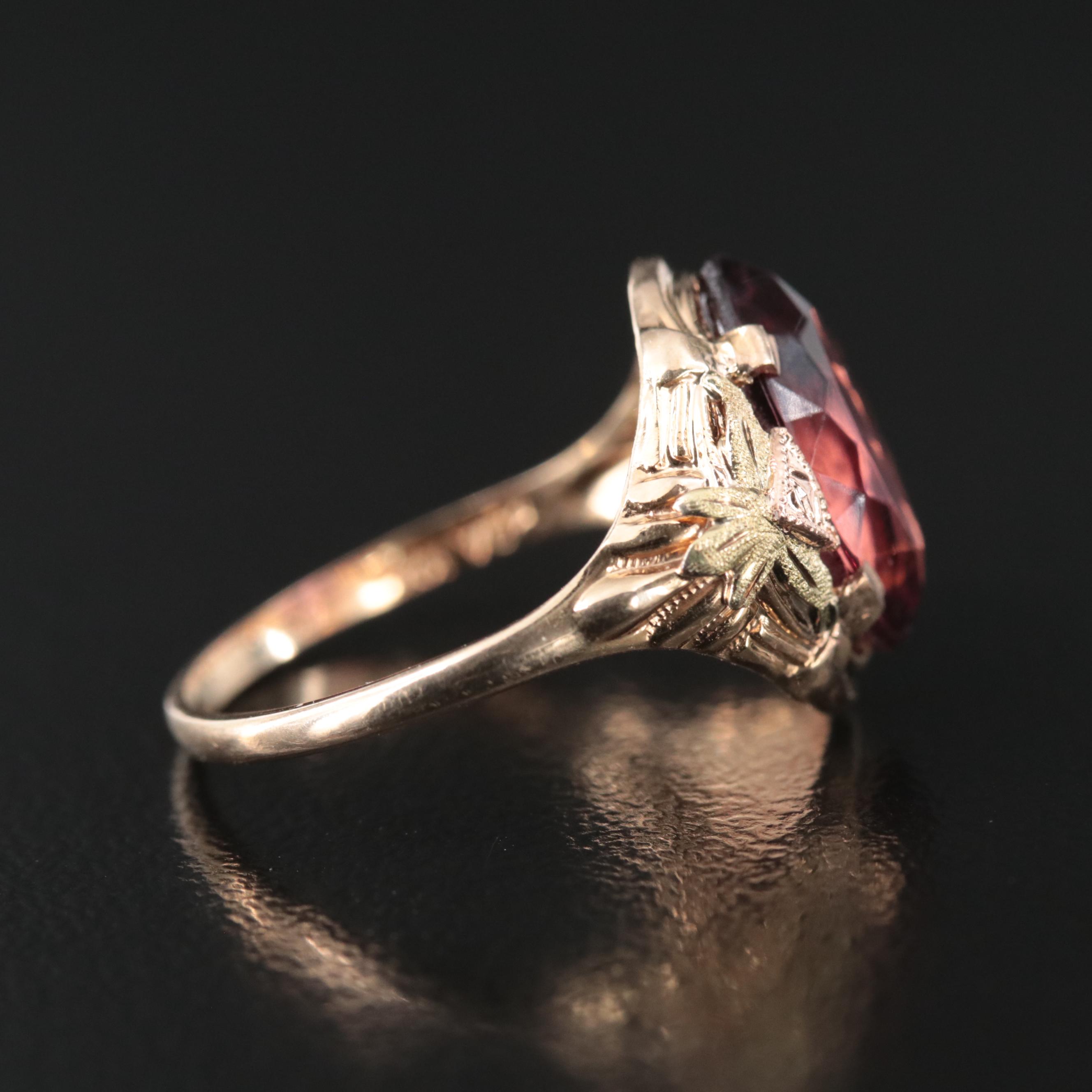 Vintage 10K Glass Ring with Rose and Green Gold Accents