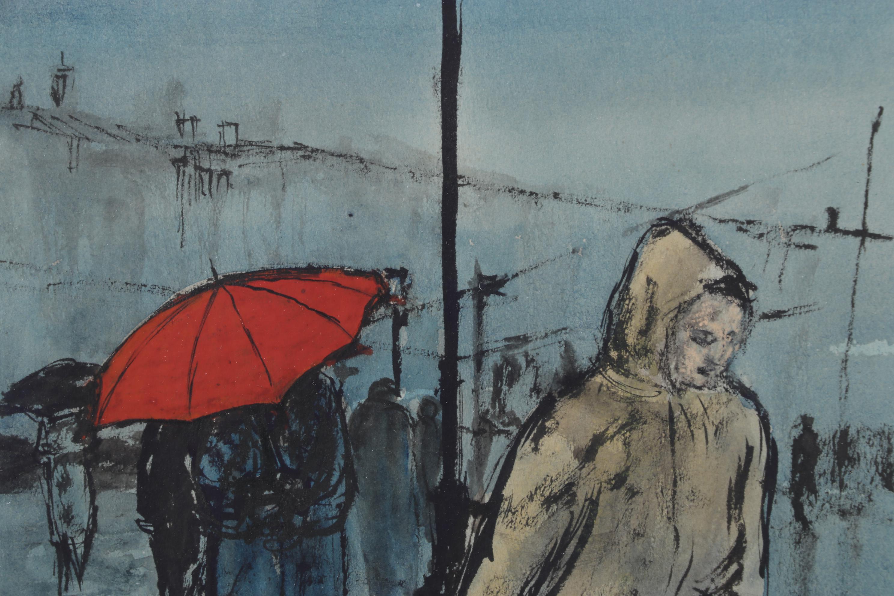 Christian Bjorn Larsen Street Scene Color Lithograph Of Rainy Day Commute, 1956