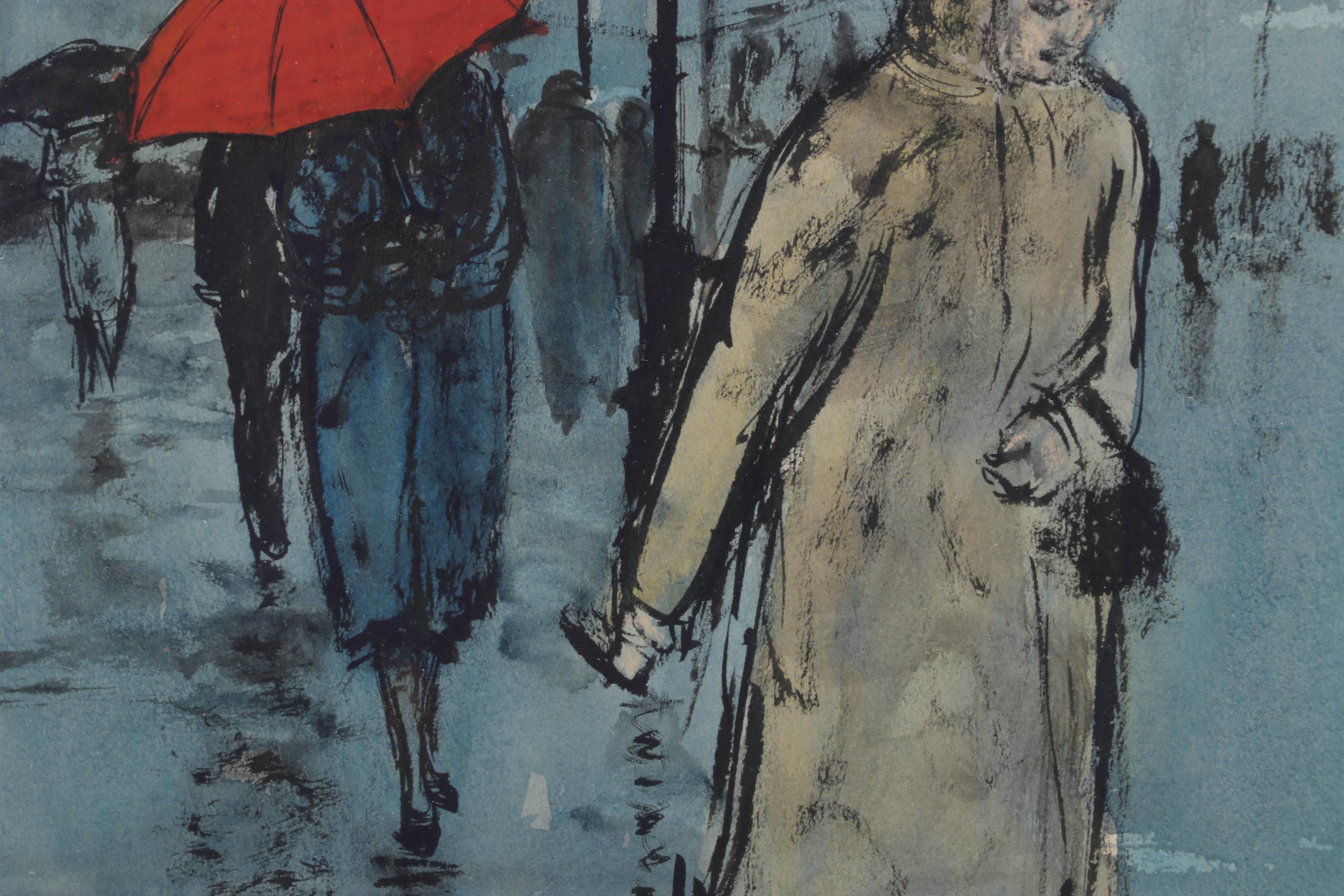 Christian Bjorn Larsen Street Scene Color Lithograph Of Rainy Day Commute, 1956