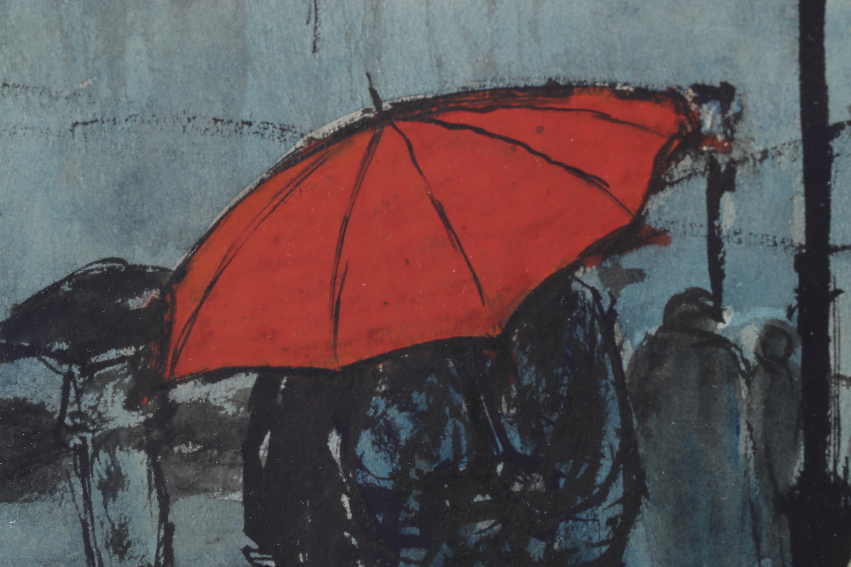 Christian Bjorn Larsen Street Scene Color Lithograph Of Rainy Day Commute, 1956