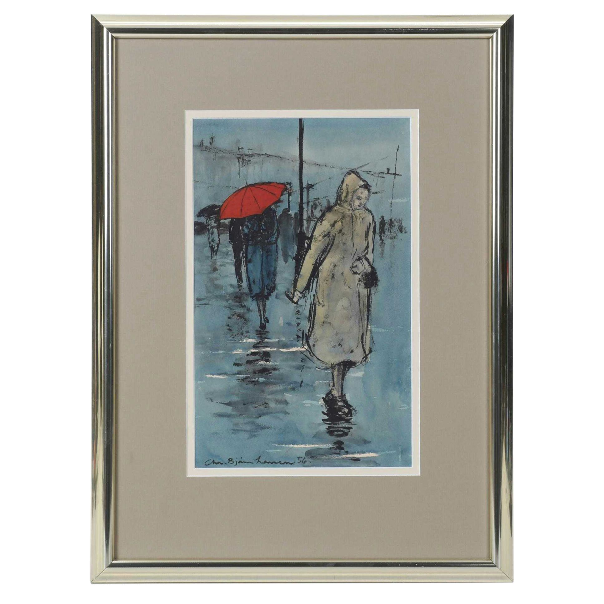 Christian Bjorn Larsen Street Scene Color Lithograph Of Rainy Day Commute, 1956