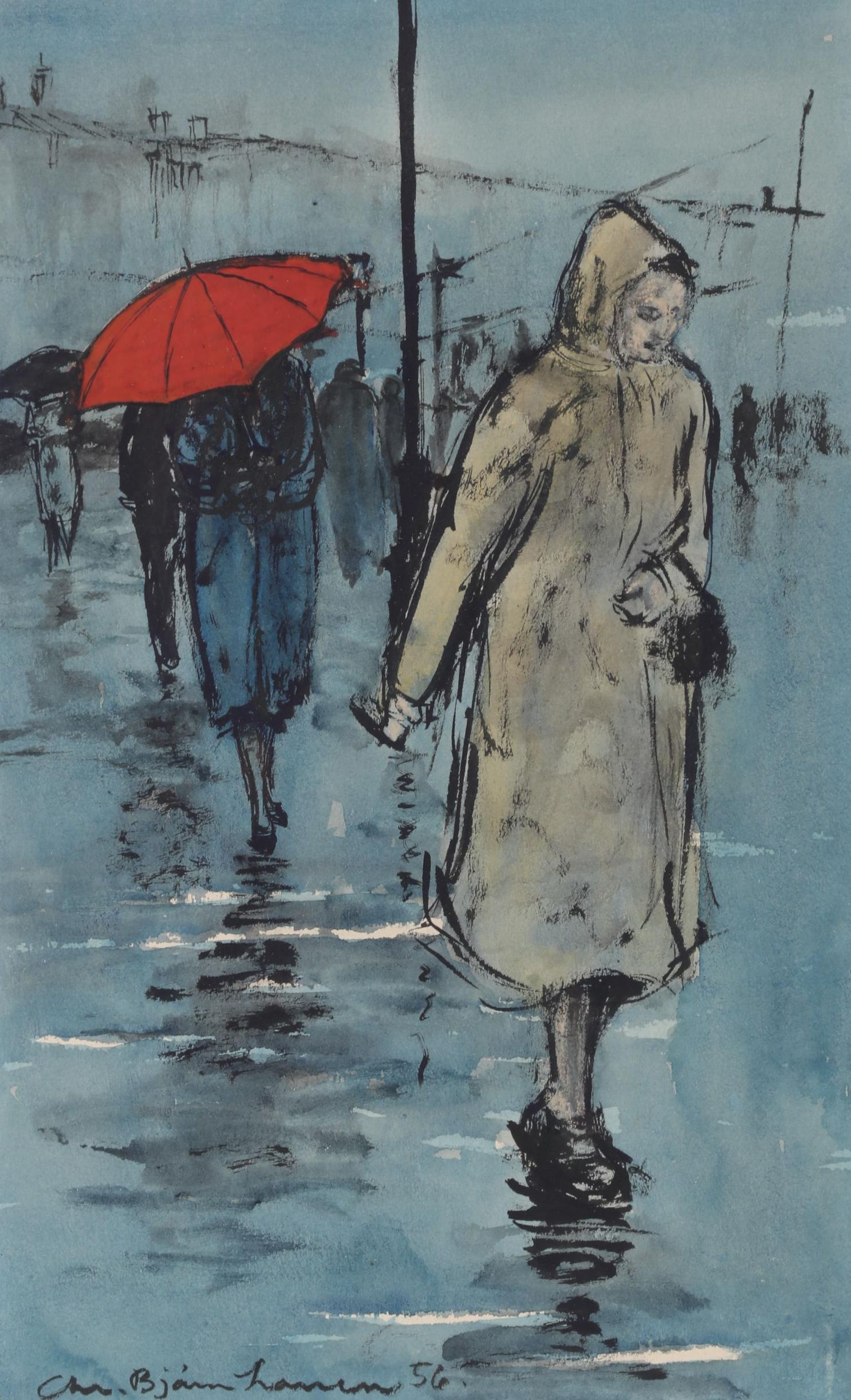 Christian Bjorn Larsen Street Scene Color Lithograph Of Rainy Day Commute, 1956