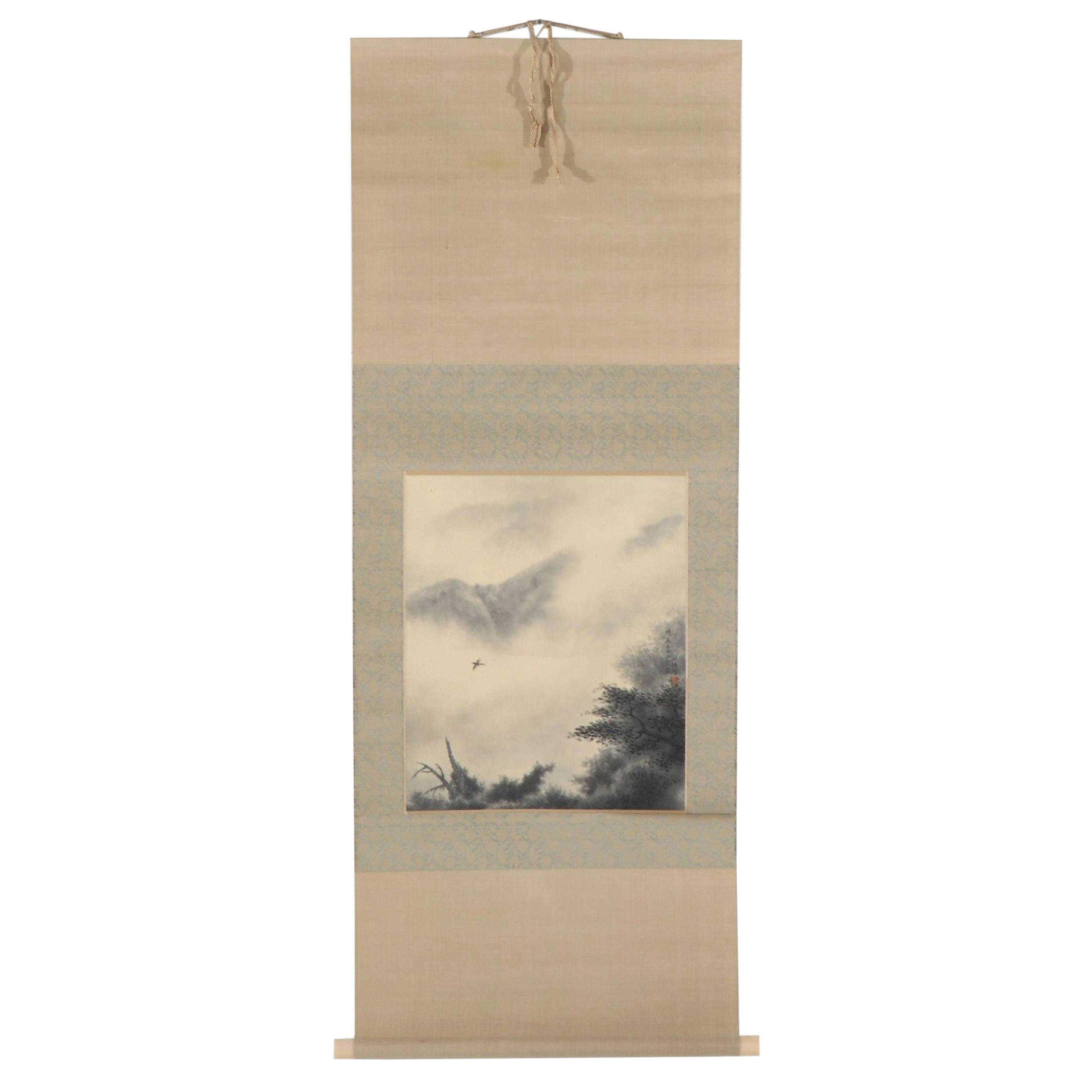 Chinese Ink and Watercolor Landscape Scroll Painting With Flying Bird