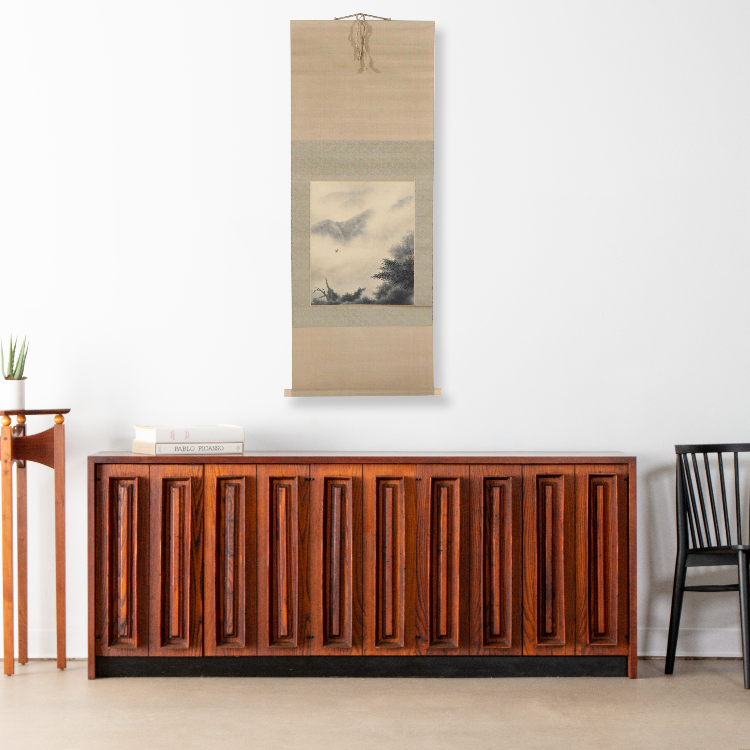 Chinese Ink and Watercolor Landscape Scroll Painting With Flying Bird