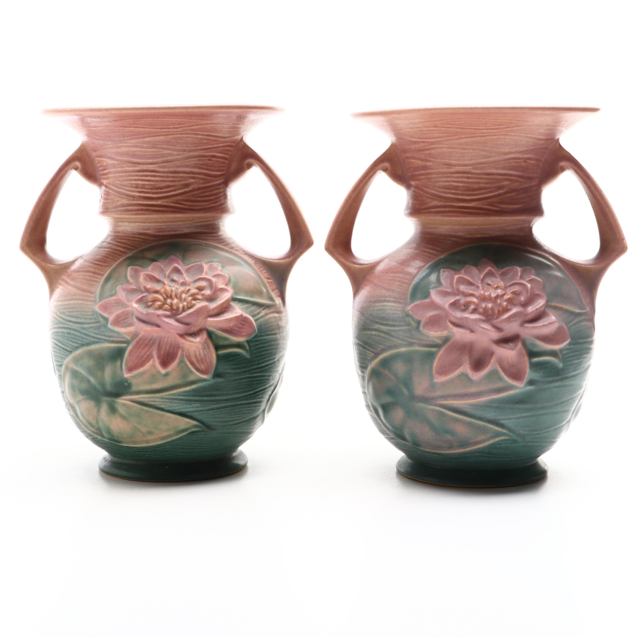 Roseville Pottery "Water Lily" Handled Vases, Mid-20th Century
