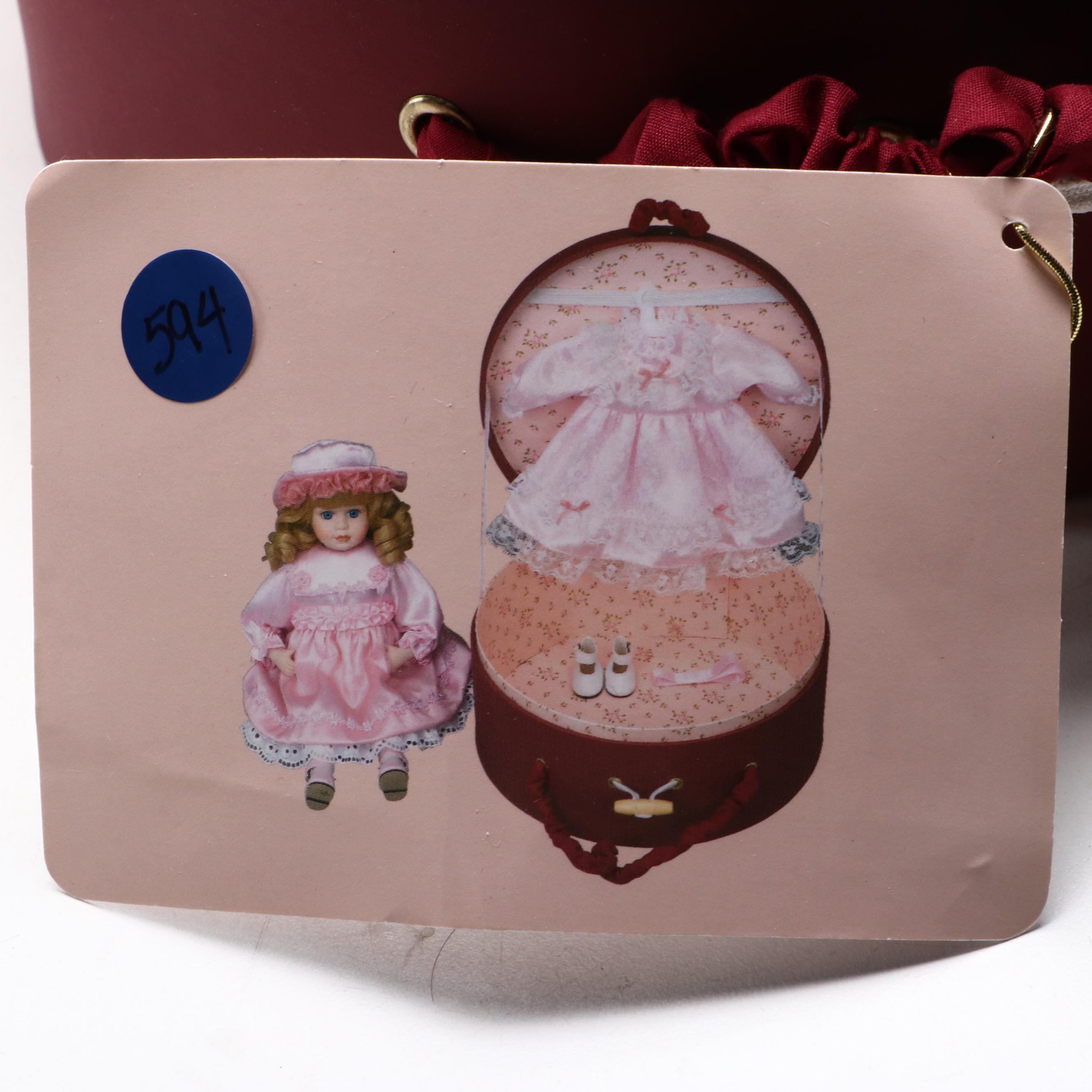 Porcelain Doll in Hat Box Carrying Case with Other Collectible Dolls