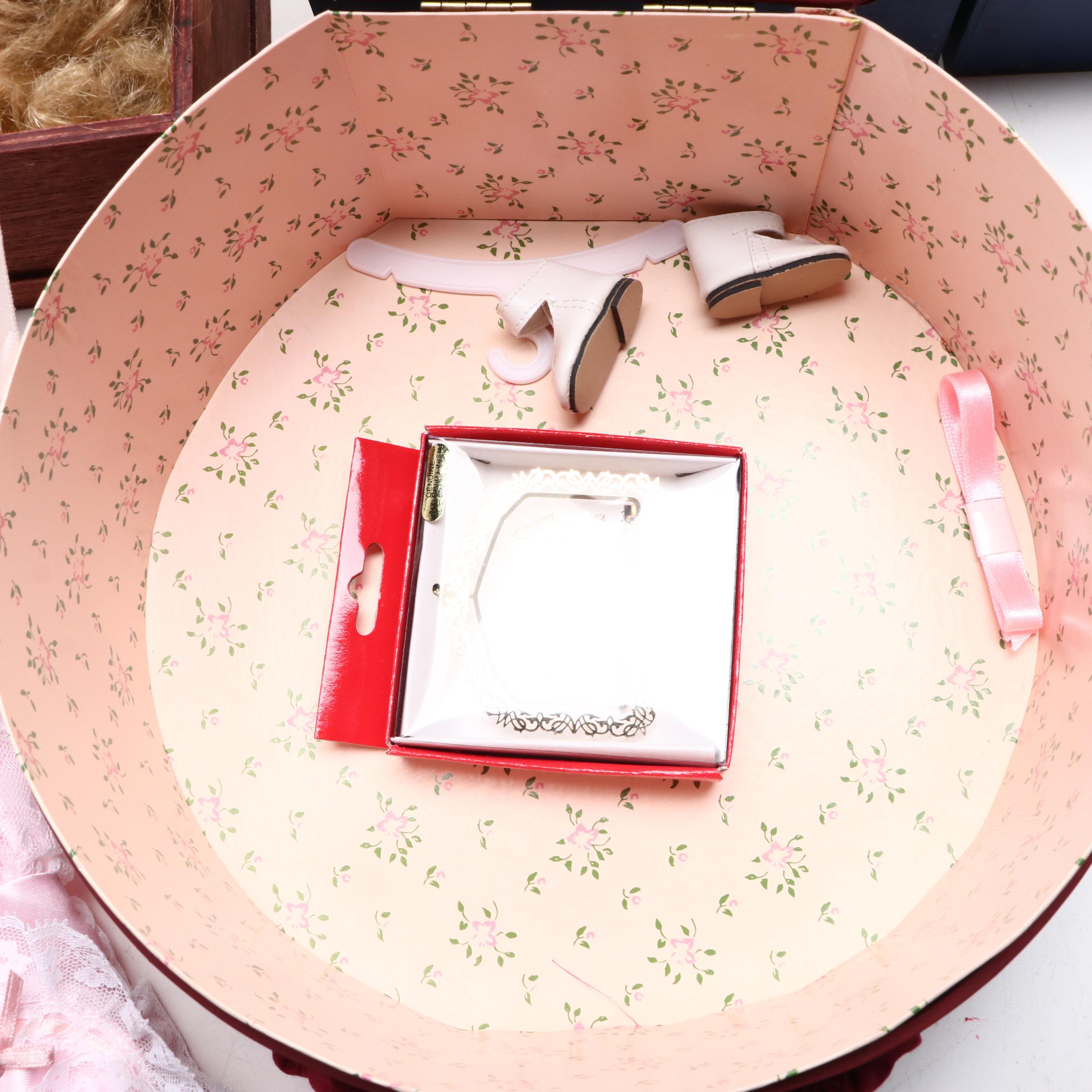 Porcelain Doll in Hat Box Carrying Case with Other Collectible Dolls