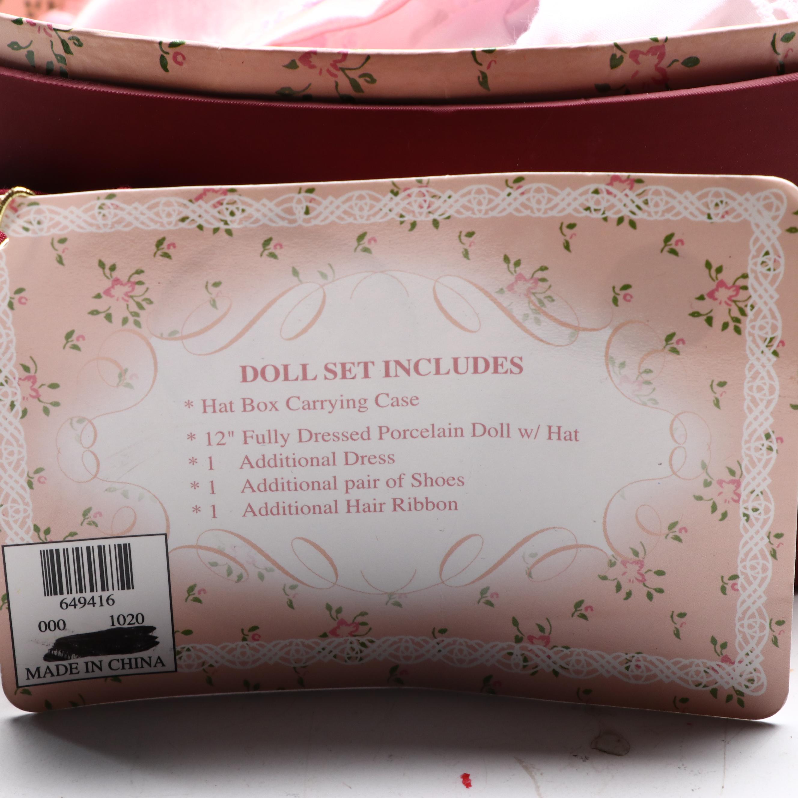 Porcelain Doll in Hat Box Carrying Case with Other Collectible Dolls