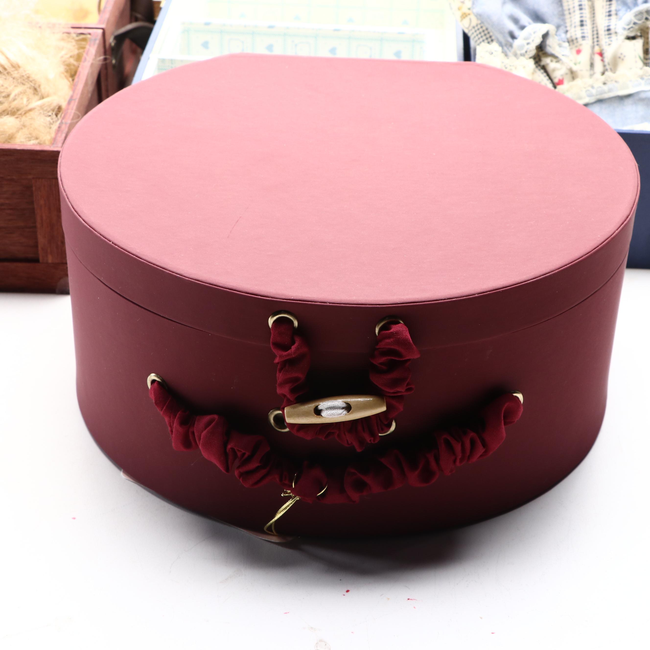 Porcelain Doll in Hat Box Carrying Case with Other Collectible Dolls