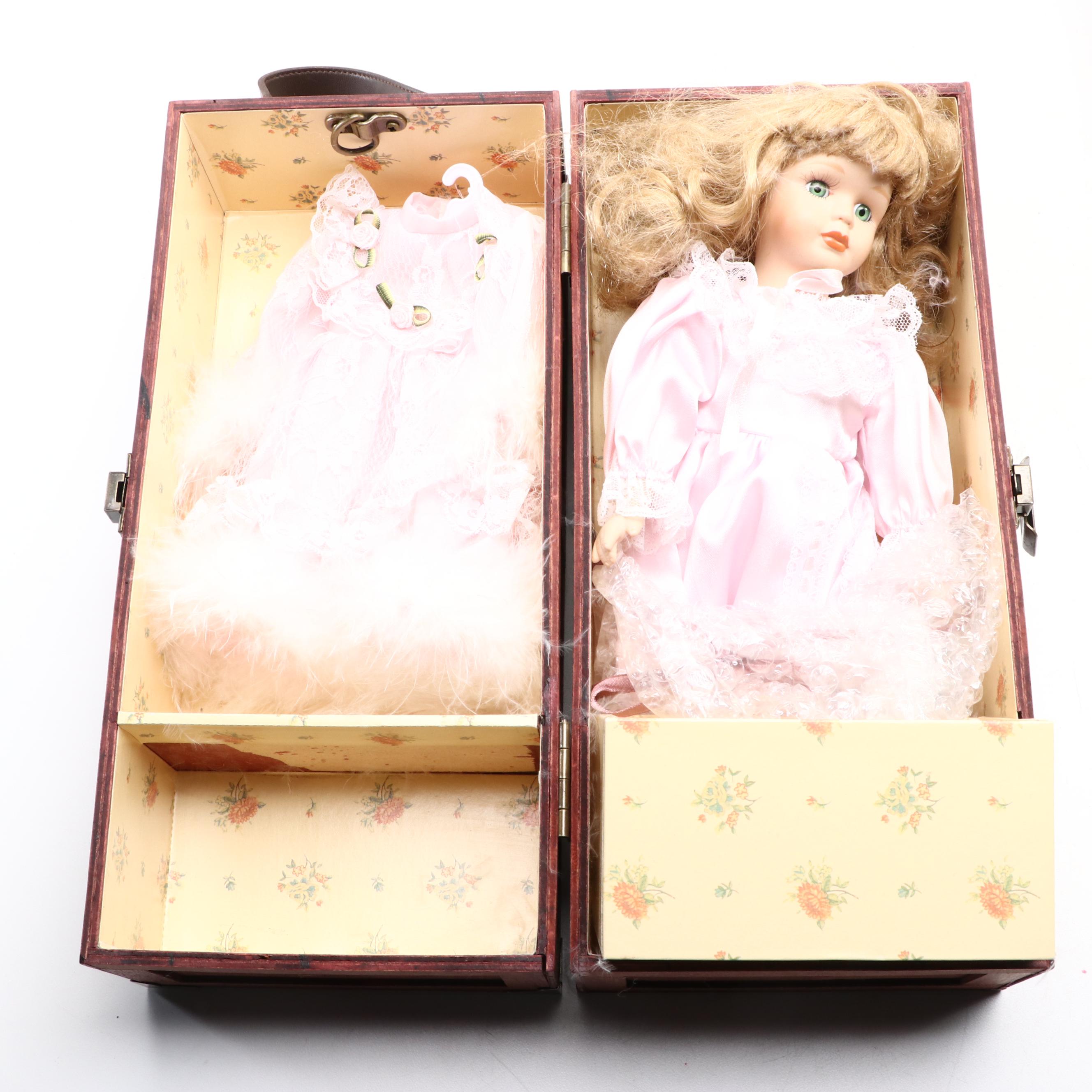 Porcelain Doll in Hat Box Carrying Case with Other Collectible Dolls