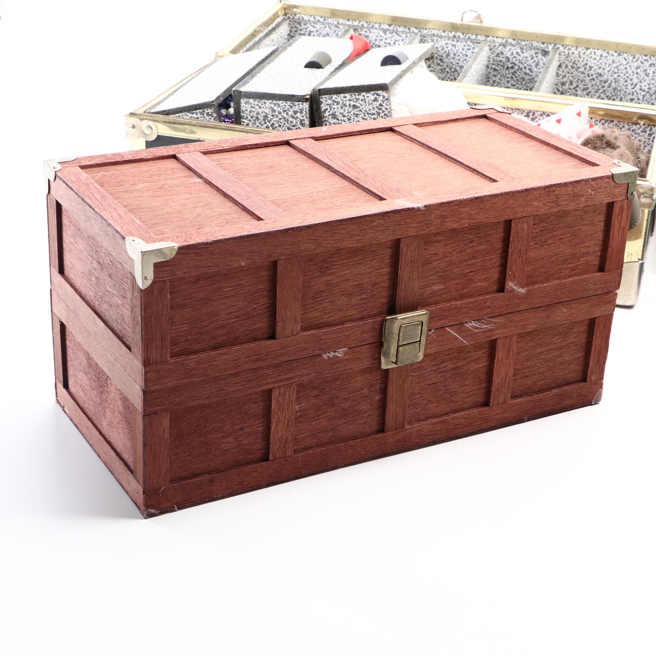 Porcelain Doll in Hat Box Carrying Case with Other Collectible Dolls