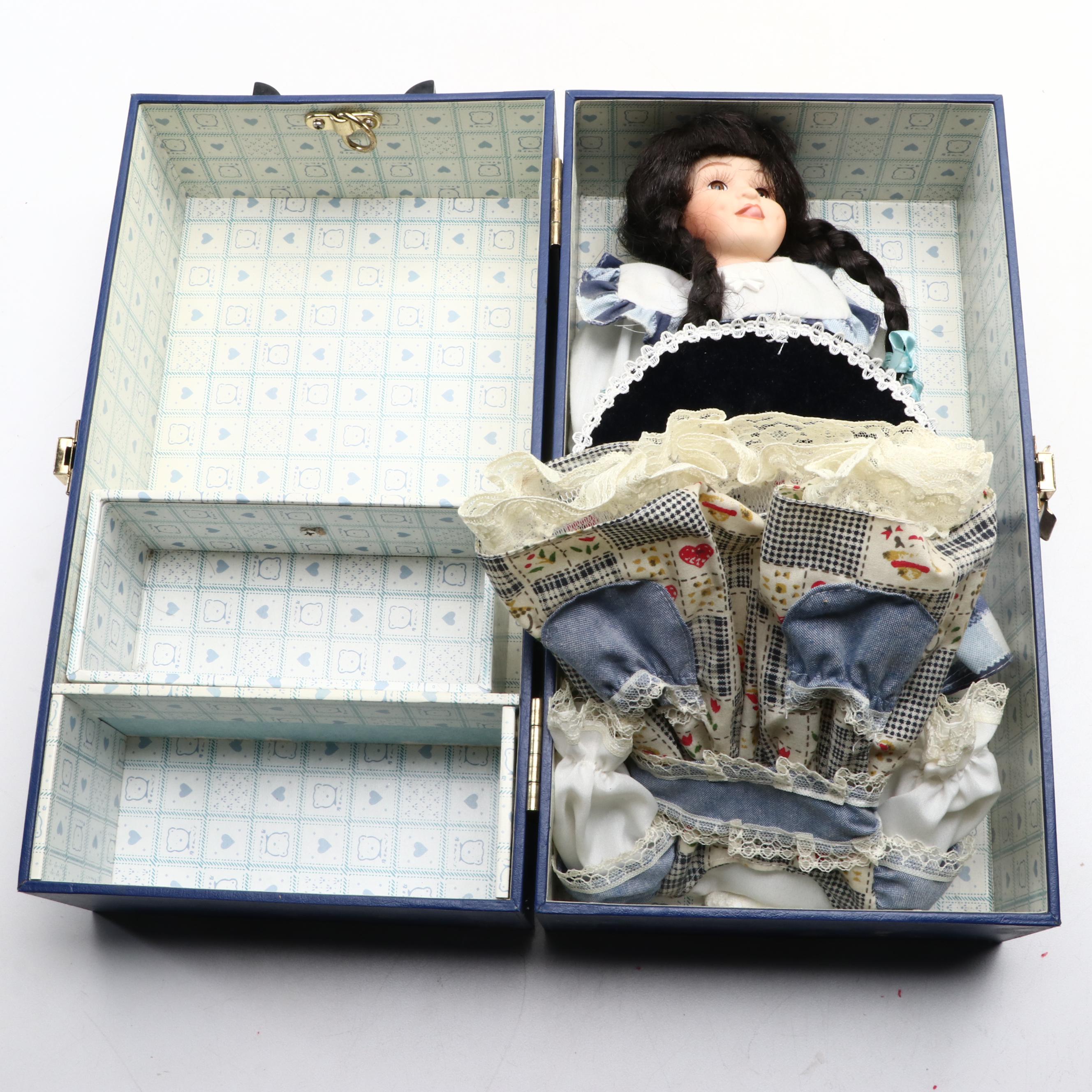 Porcelain Doll in Hat Box Carrying Case with Other Collectible Dolls