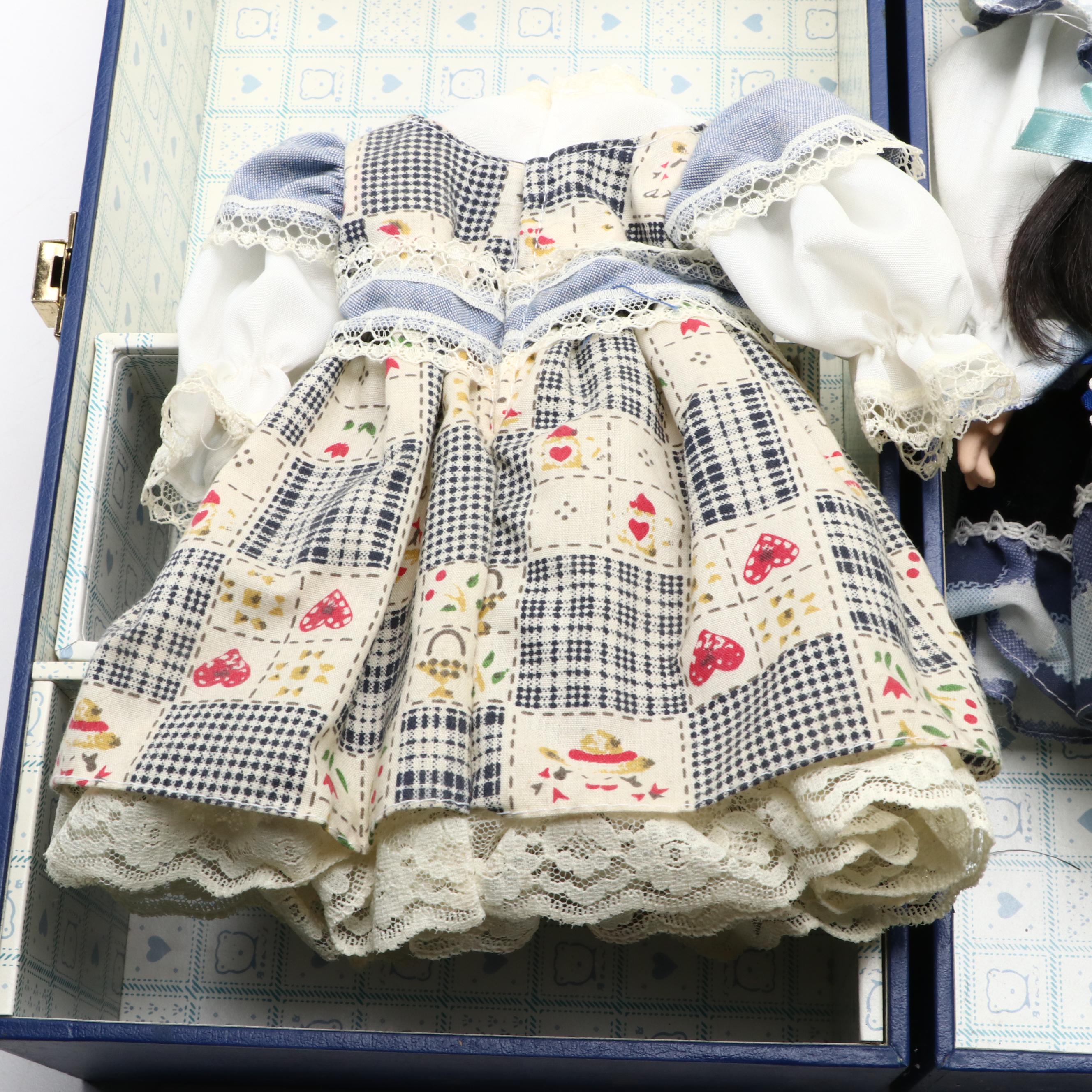 Porcelain Doll in Hat Box Carrying Case with Other Collectible Dolls