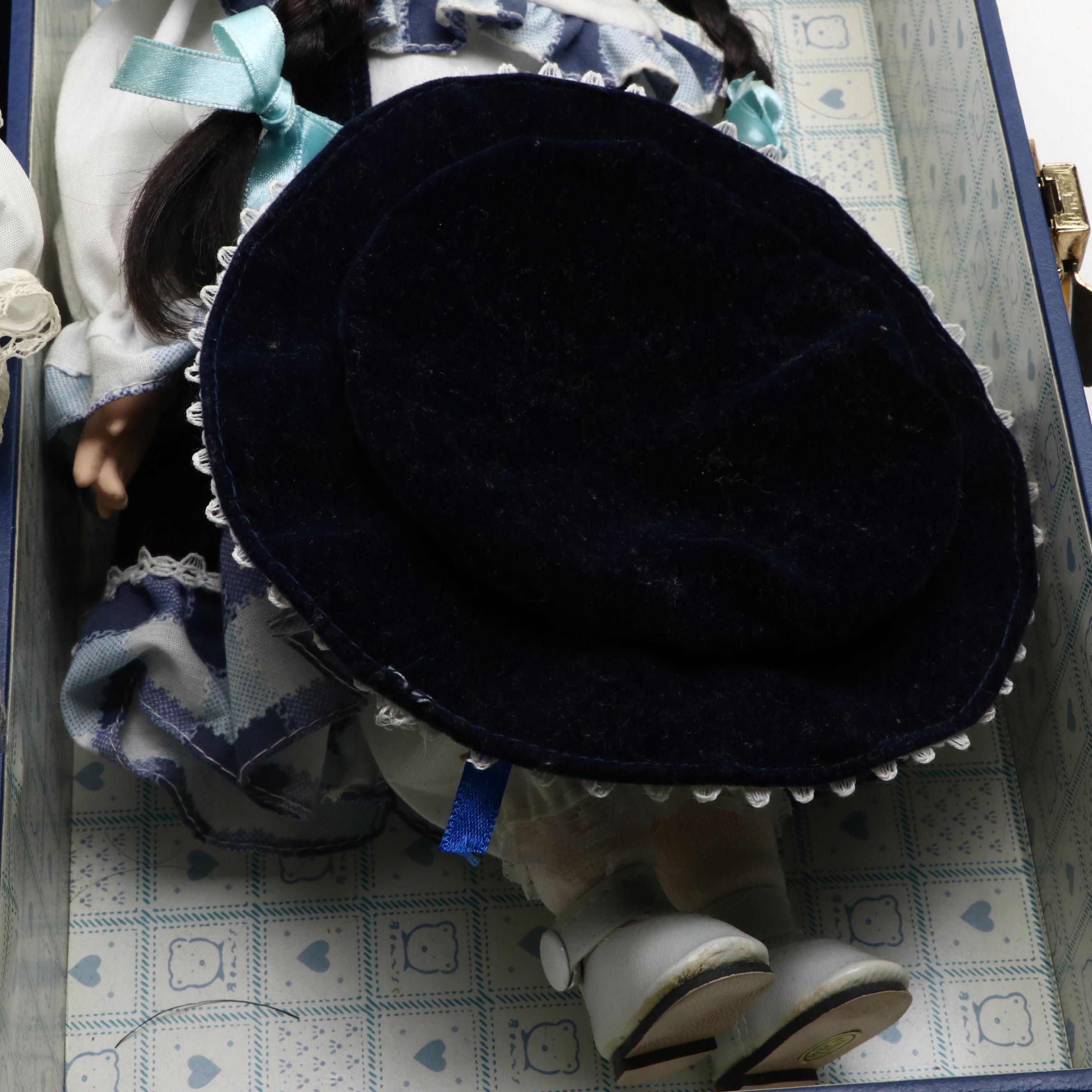 Porcelain Doll in Hat Box Carrying Case with Other Collectible Dolls