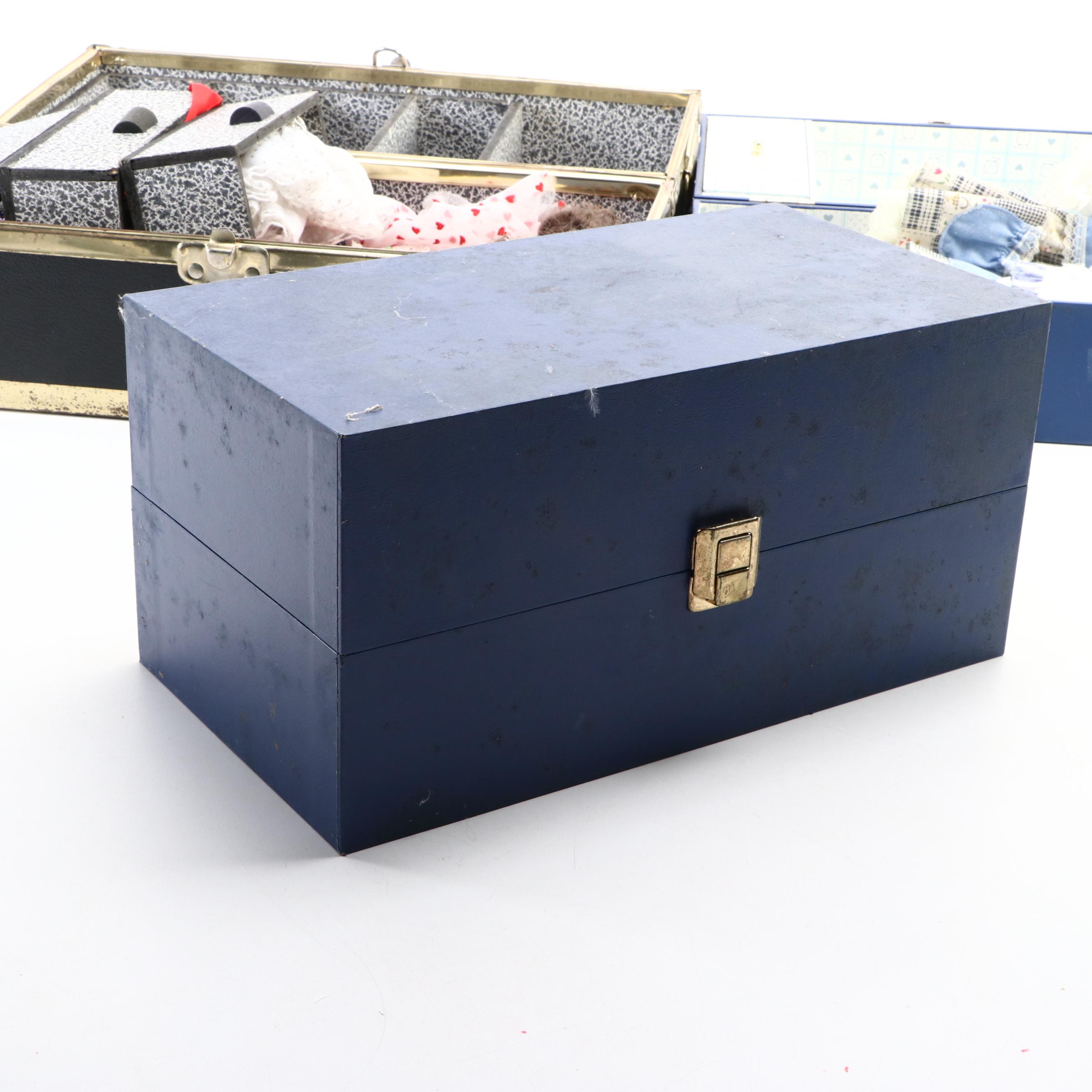 Porcelain Doll in Hat Box Carrying Case with Other Collectible Dolls