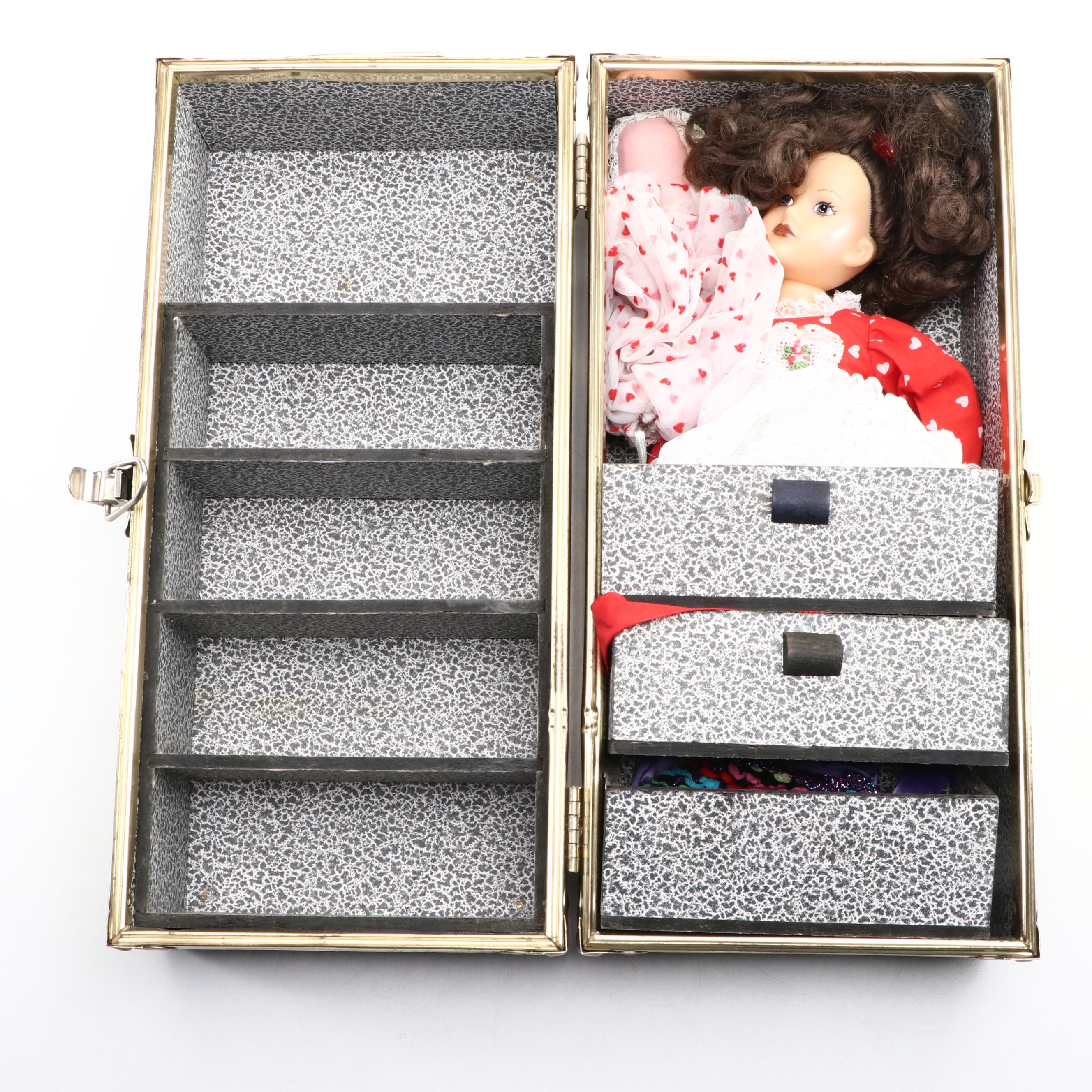 Porcelain Doll in Hat Box Carrying Case with Other Collectible Dolls