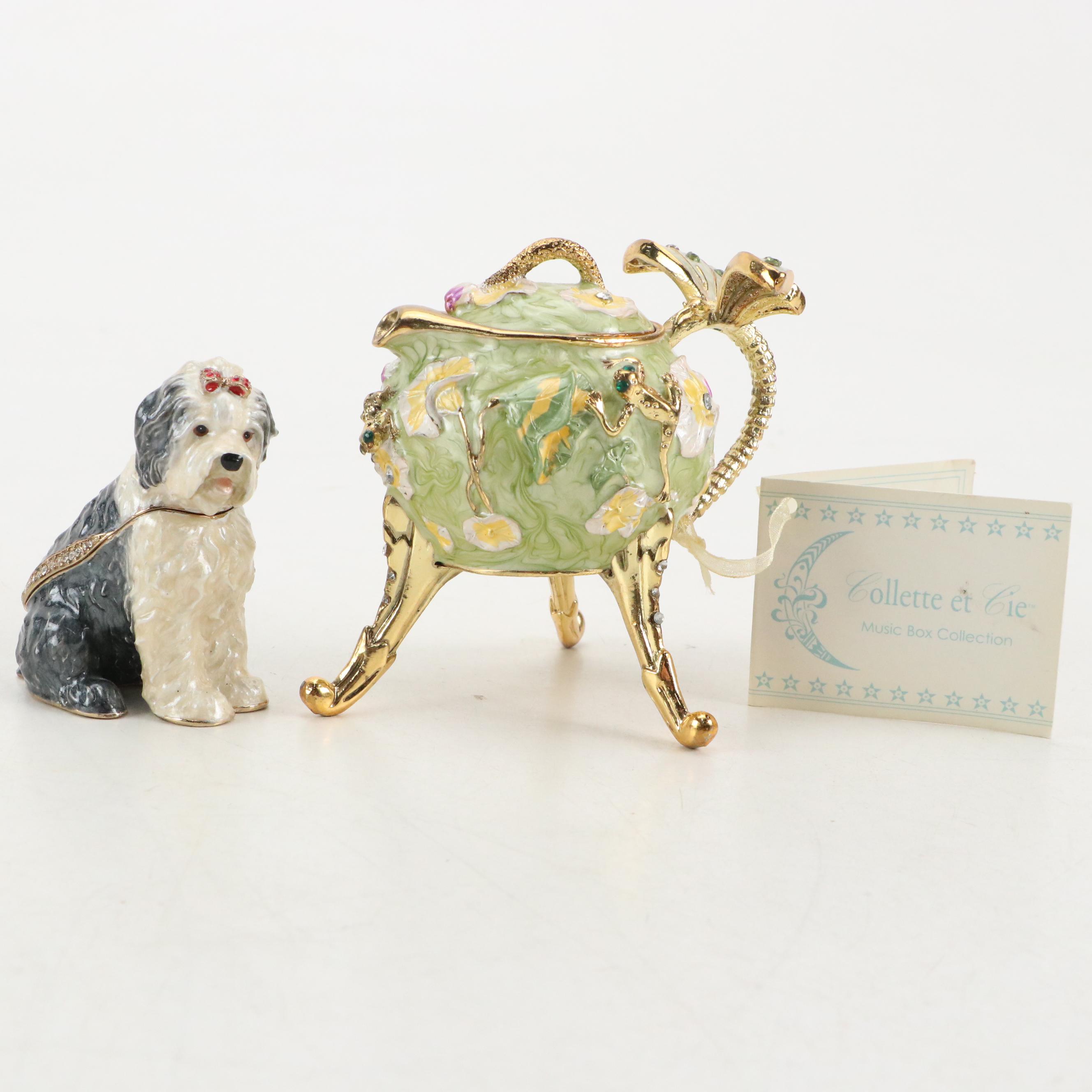 Collette et Cie Enameled Music Box with Enameled Sheepdog Box EBTH