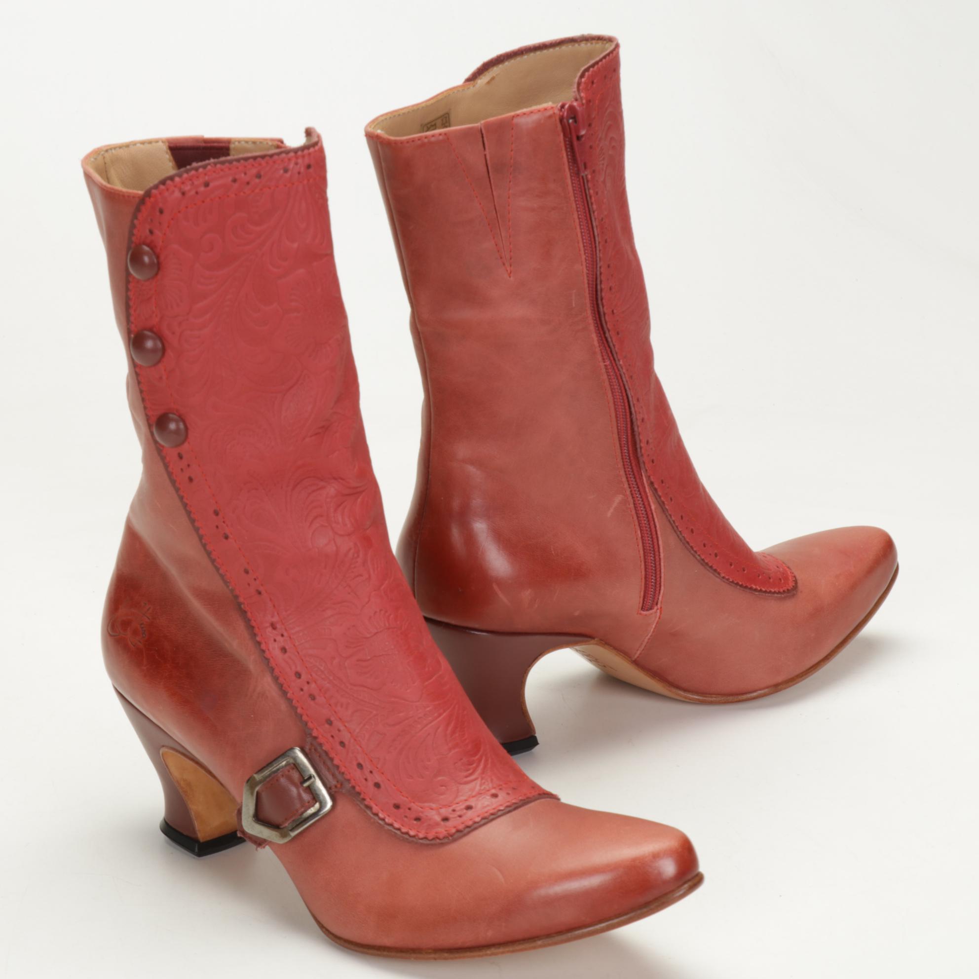 John Fluerog Cranberry Mid-Calf Boots With Embossed Accent Panel, Size 8.5