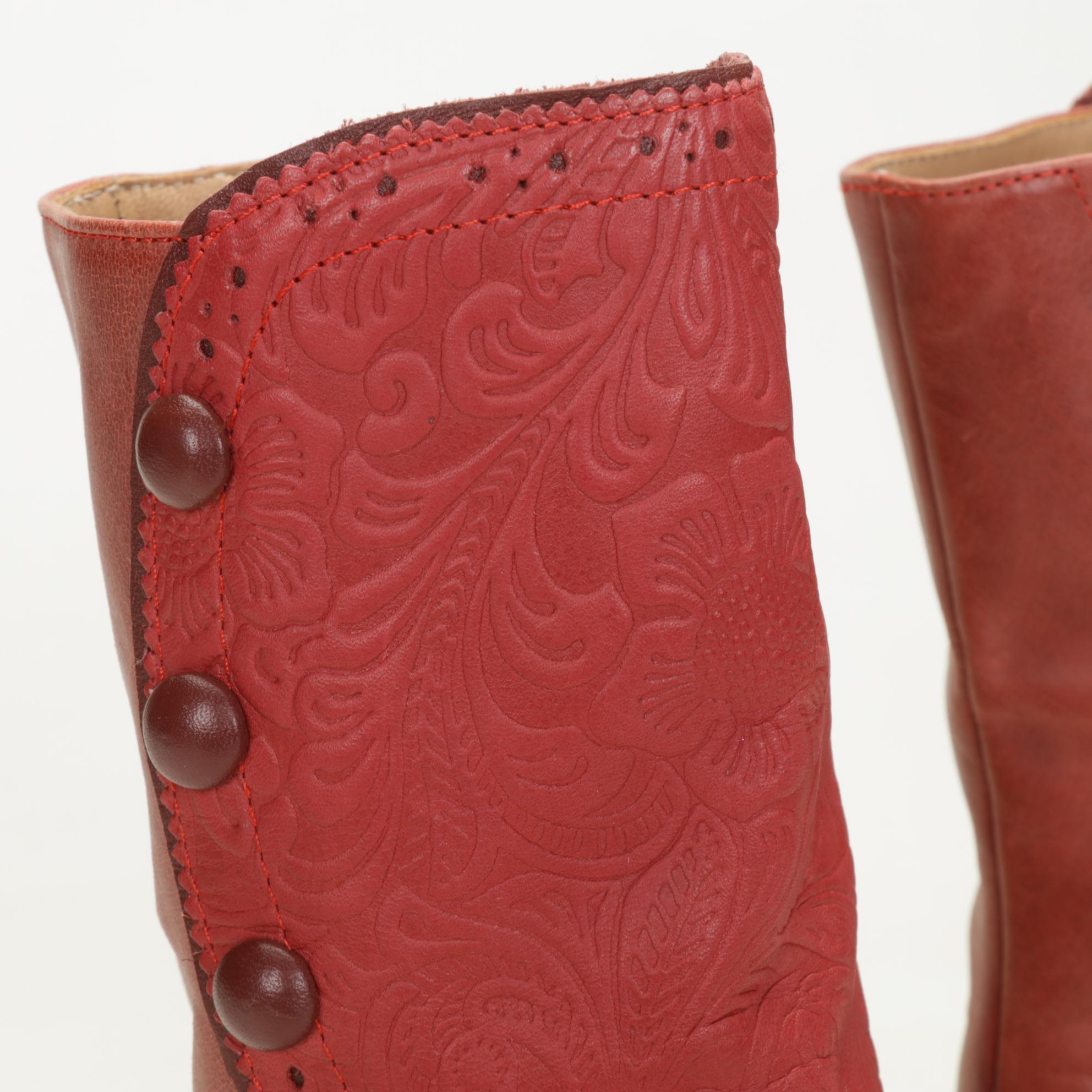 John Fluerog Cranberry Mid-Calf Boots With Embossed Accent Panel, Size 8.5
