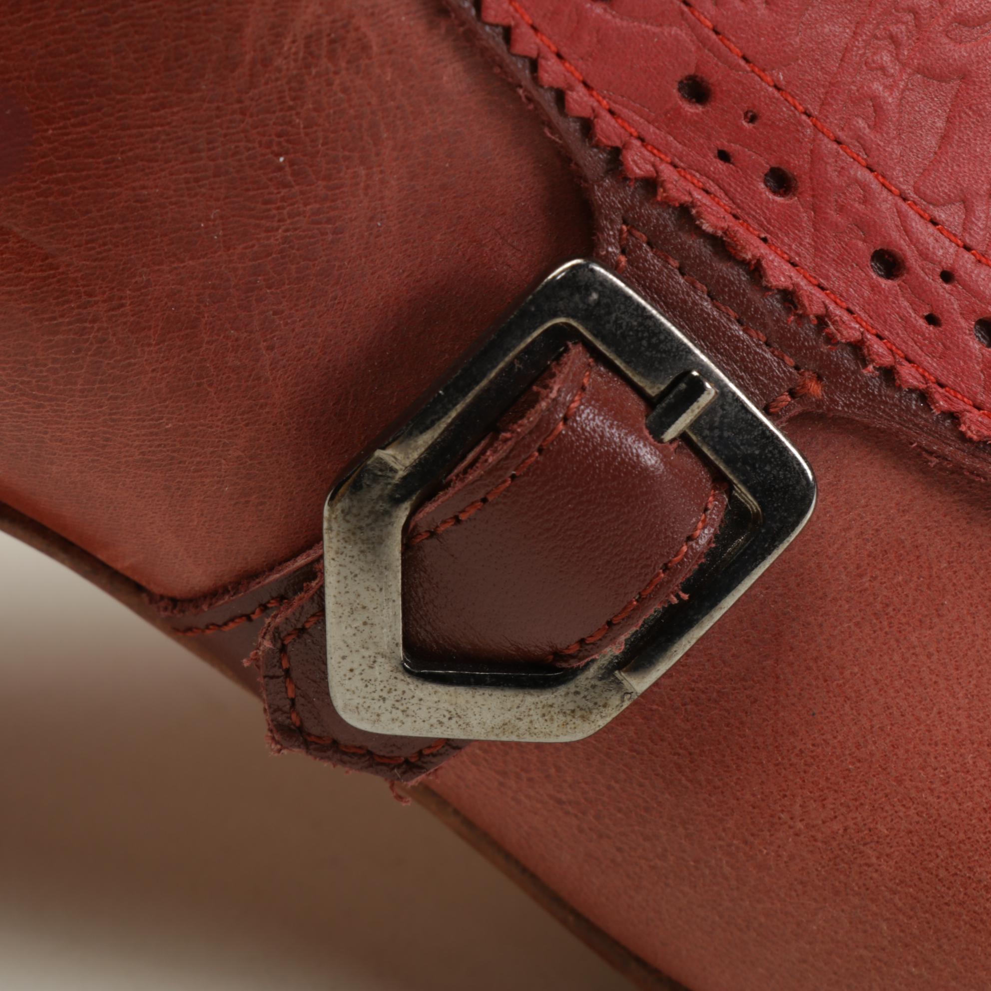 John Fluerog Cranberry Mid-Calf Boots With Embossed Accent Panel, Size 8.5