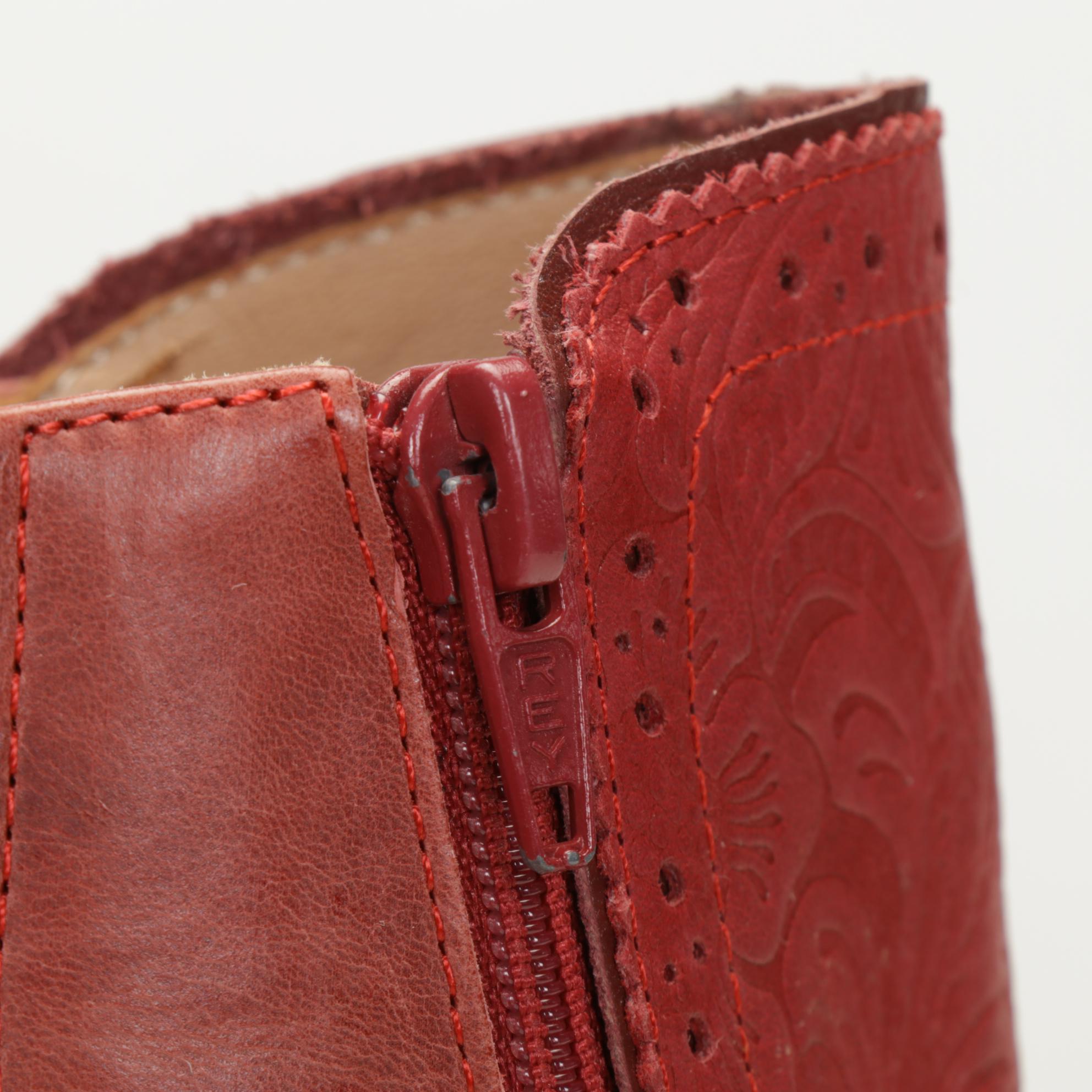 John Fluerog Cranberry Mid-Calf Boots With Embossed Accent Panel, Size 8.5