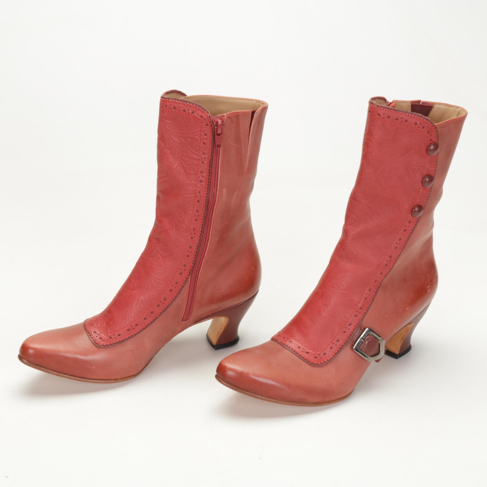 John Fluerog Cranberry Mid-Calf Boots With Embossed Accent Panel, Size 8.5