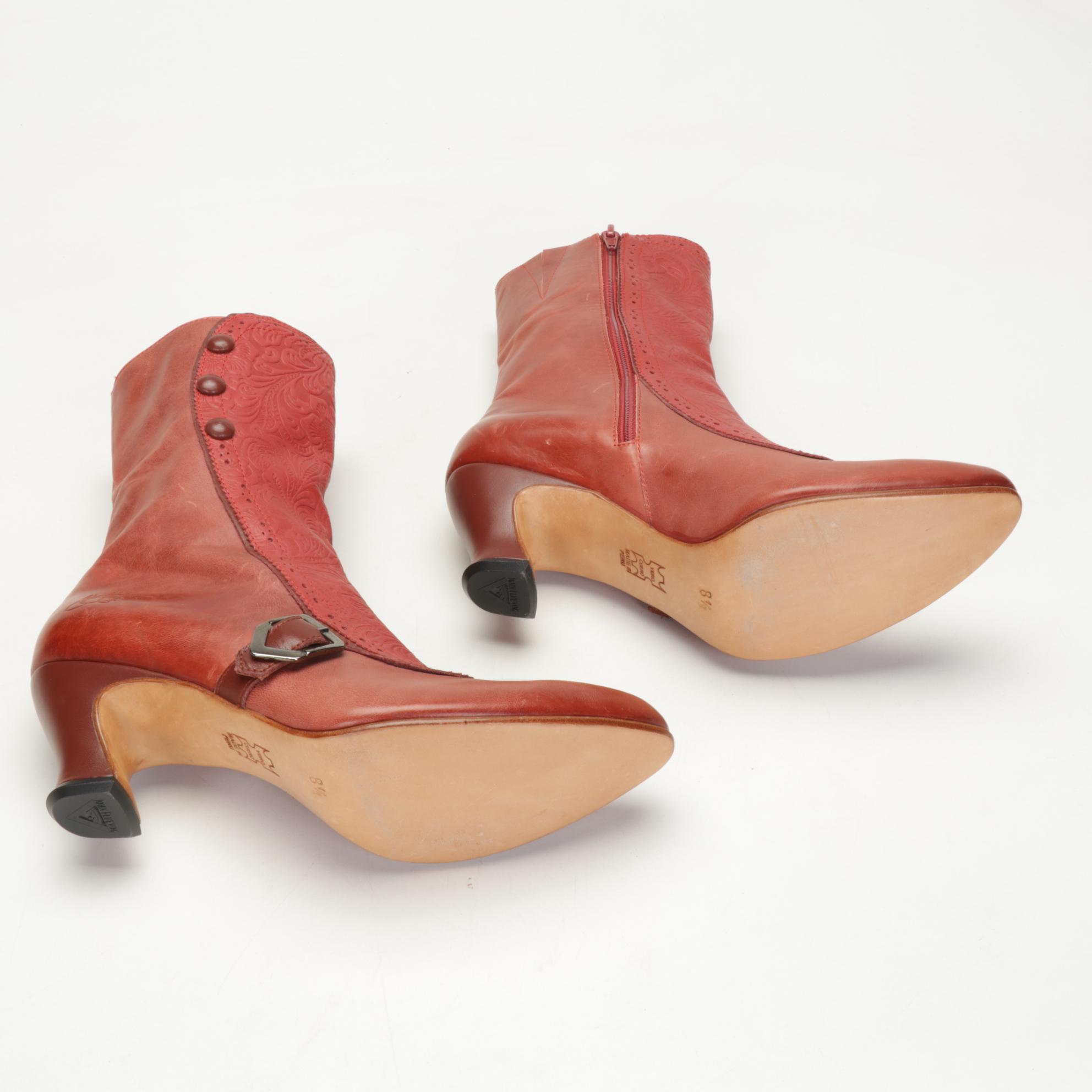 John Fluerog Cranberry Mid-Calf Boots With Embossed Accent Panel, Size 8.5