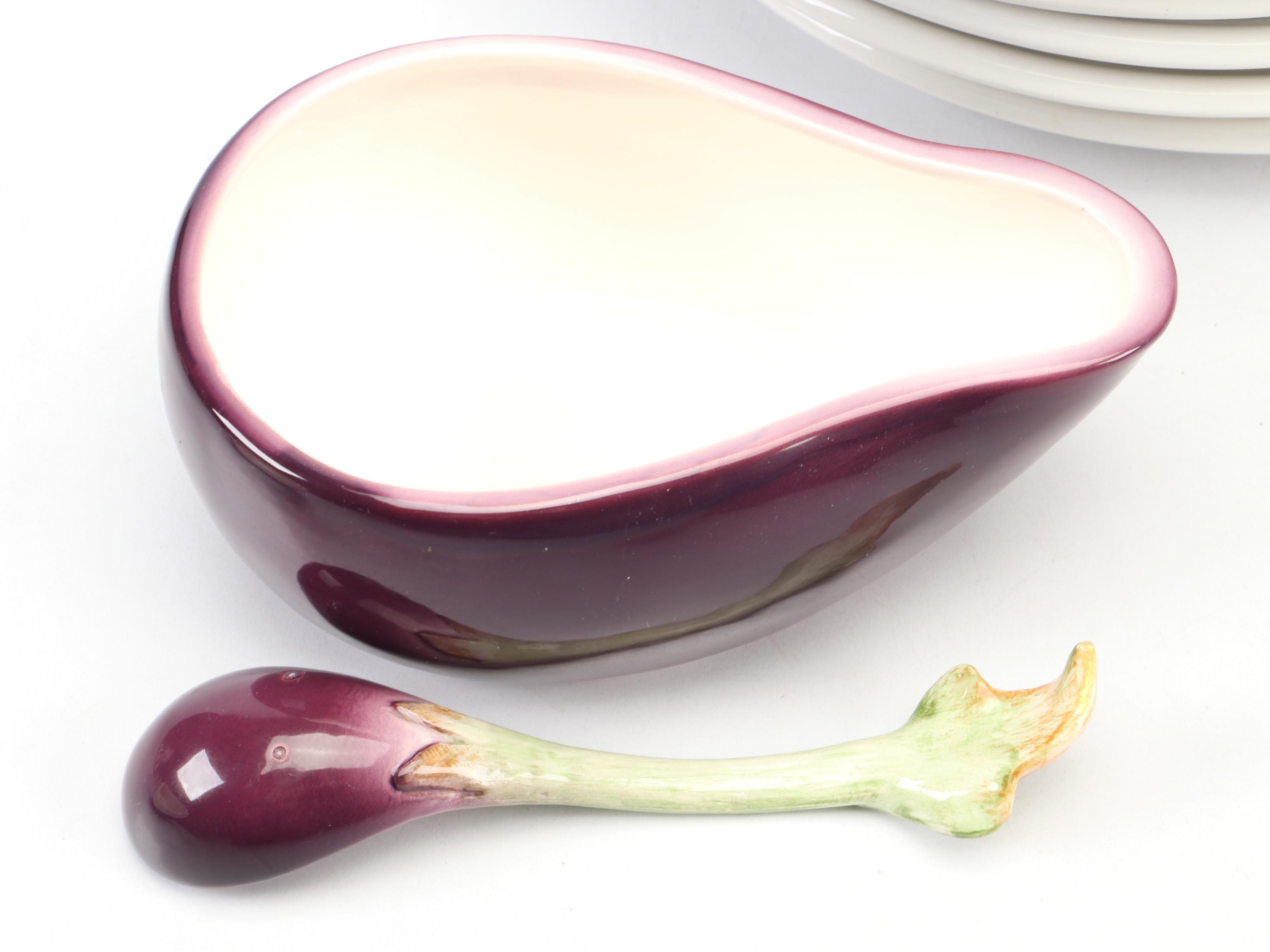 Fitz & Floyd "Vegetable Garden" Sauce Boat with Majolica Eggplant Plates