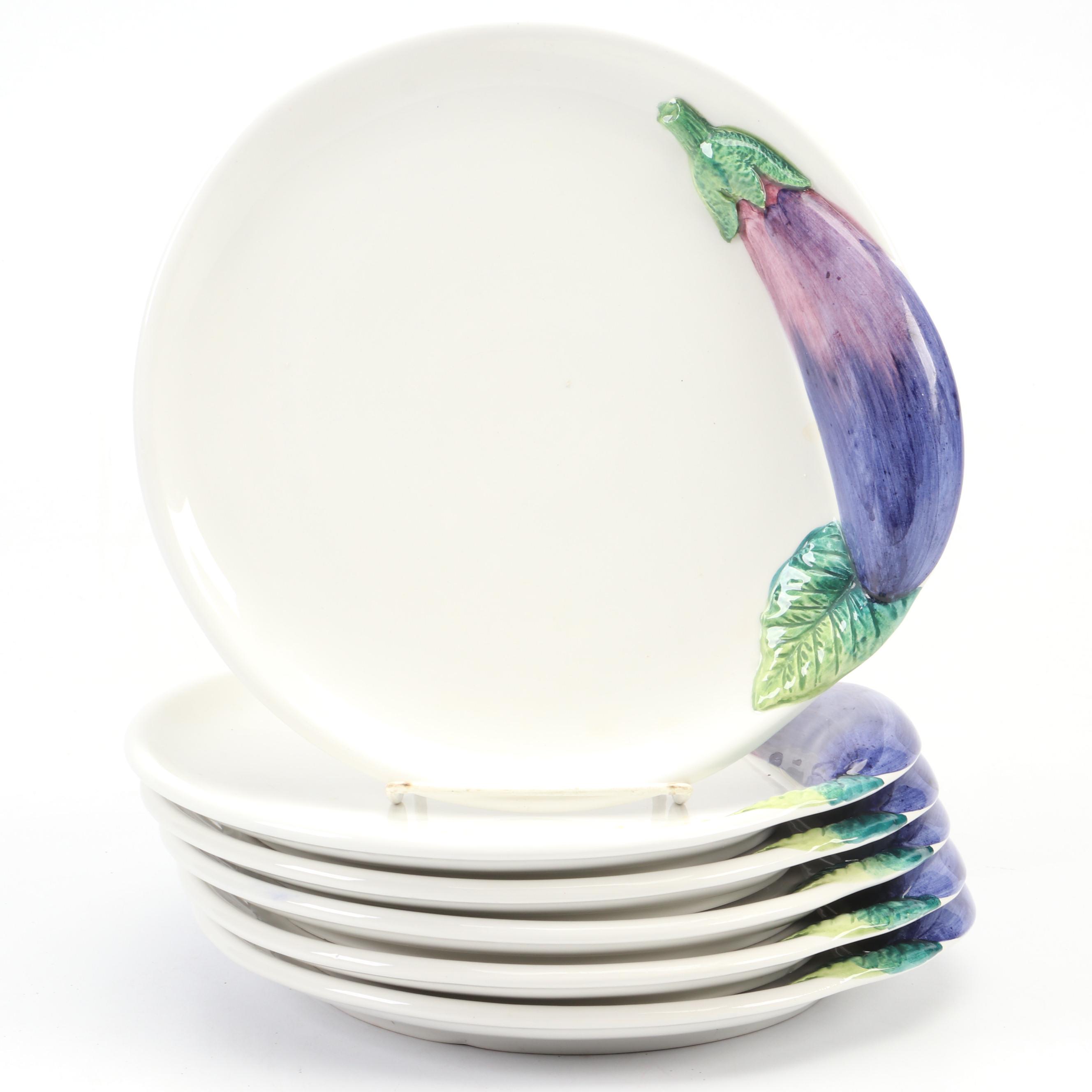 Fitz & Floyd "Vegetable Garden" Sauce Boat with Majolica Eggplant Plates