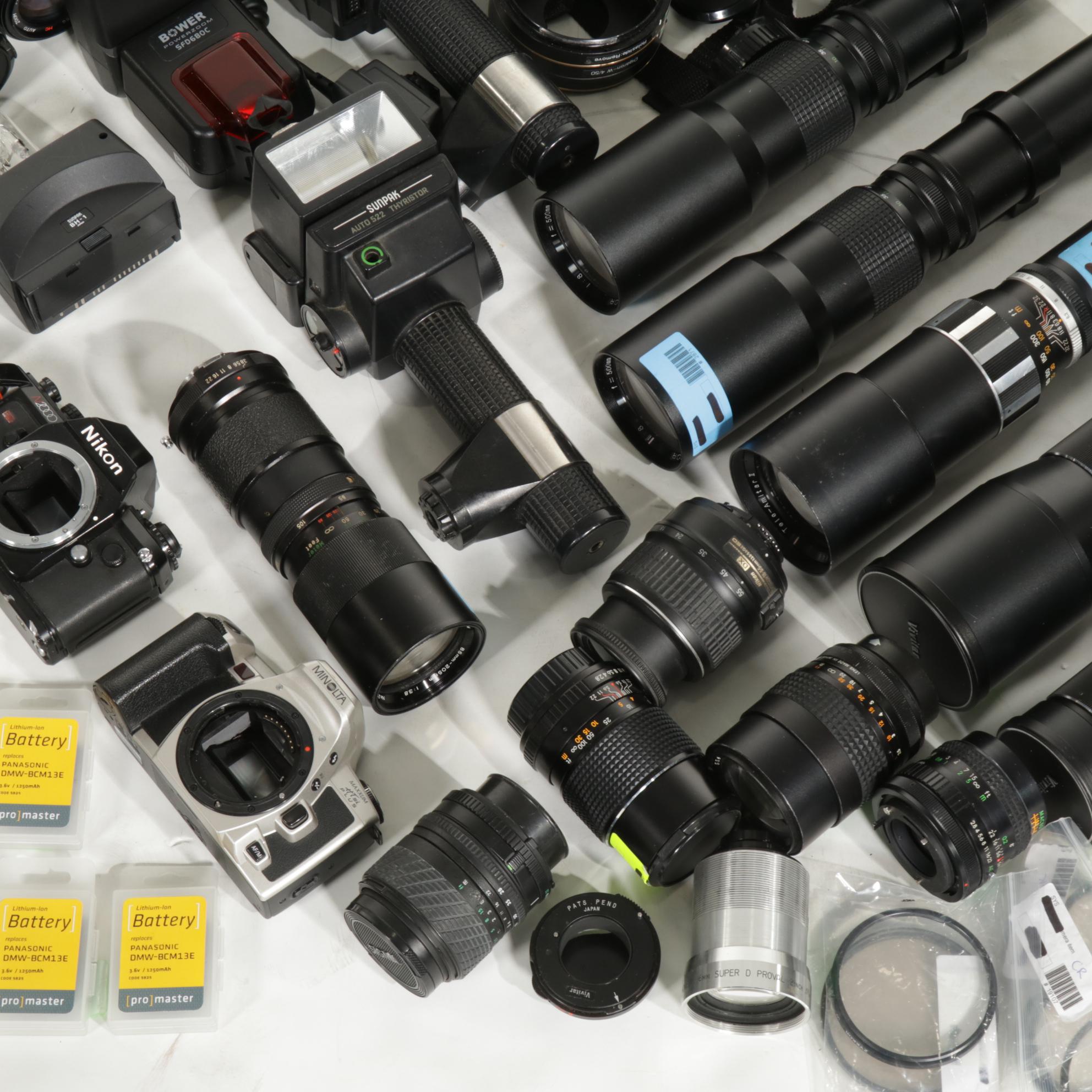 Nikon N2000 Camera Body, Promaster L Brackets, Lenses, Flashes and Other